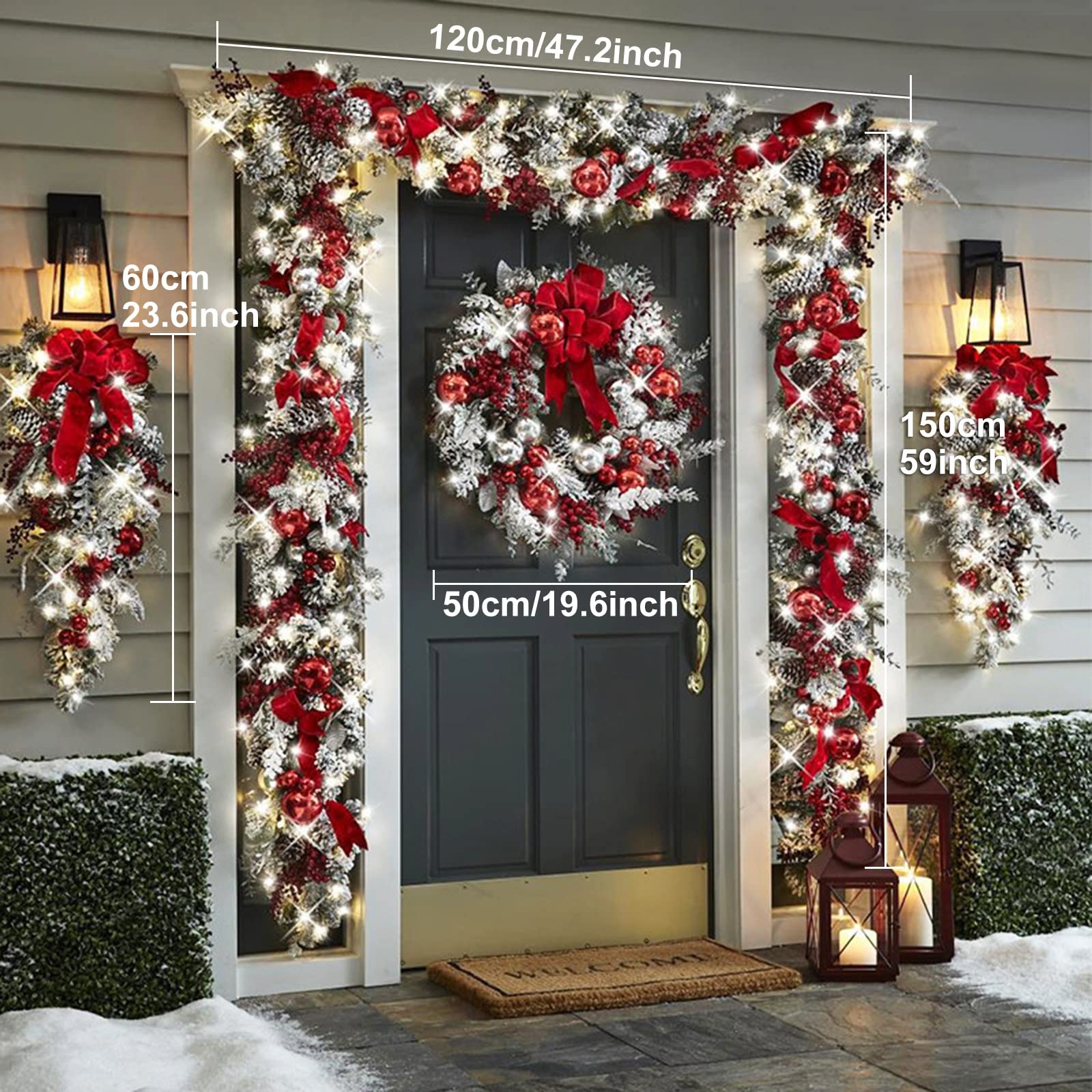 Decoraciones de Navidad Juego de 4 Piezas, Marco de Puerta Colgante, Adornos Navideños Blancos, Guirnalda Navideña, Corona y Juego de 2 Árboles Invertidos de Entrada, para Puerta Delantera Del Hogar (
