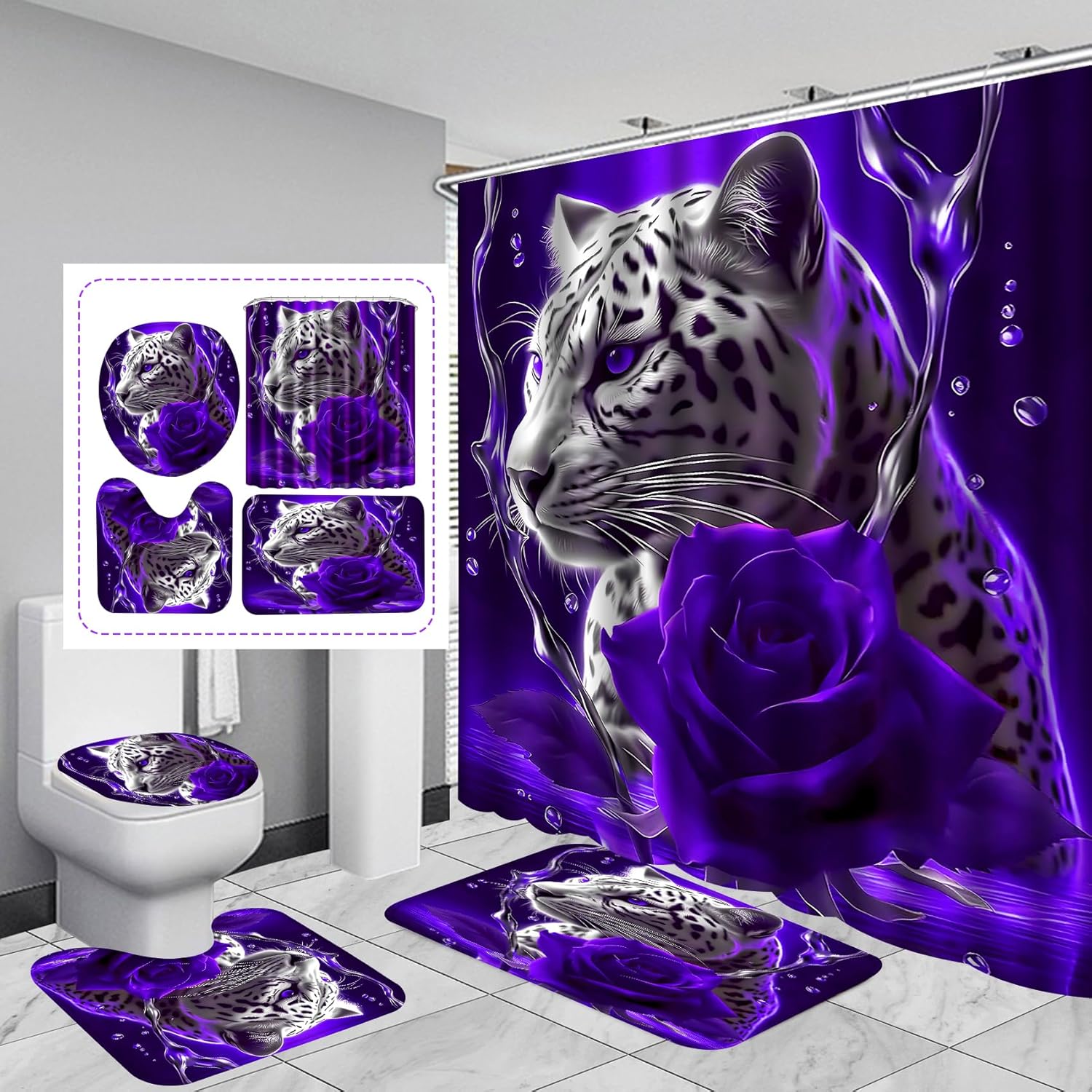 beifivcl 4PCS Purple Rose and Leopard Shower Curtain Bathroom Set with Non-Slip Rugs, Toilet Lid Cover and Bath Mat, Purple Bathroom Decor Set Accessories Shower Curtains with 12 Hooks, 72 x 72 Inch