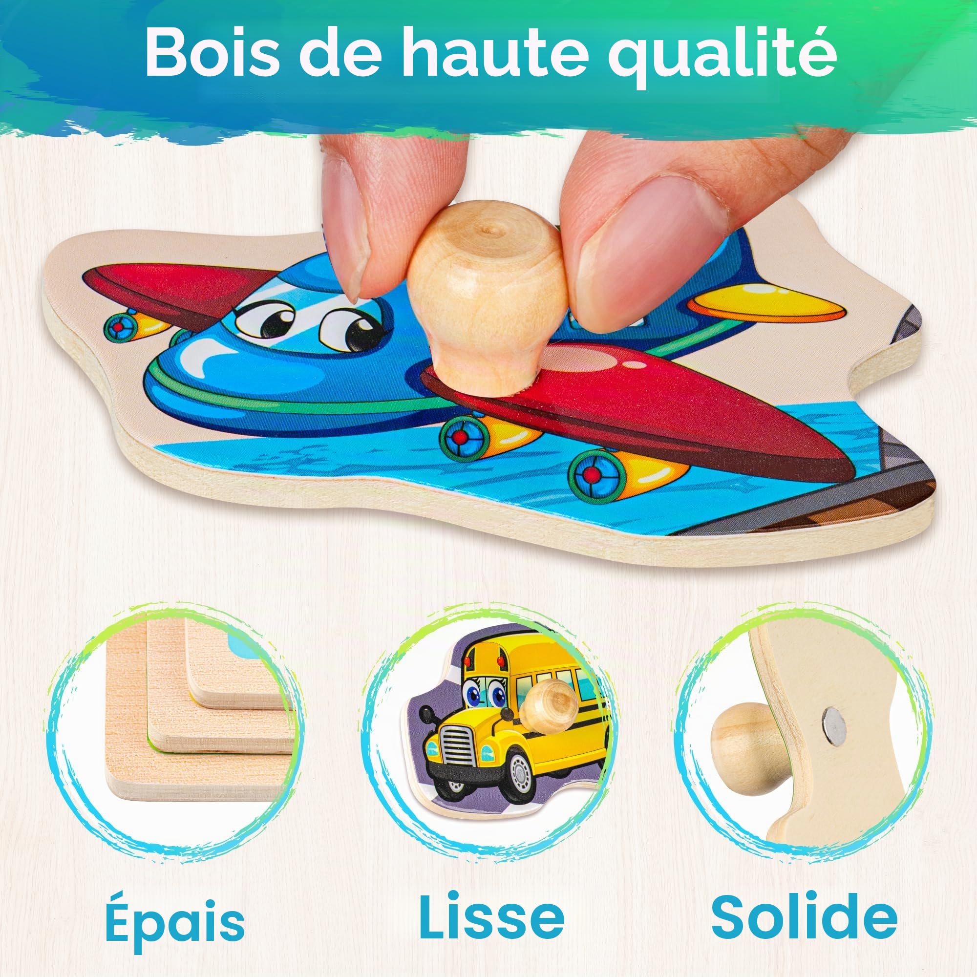 SYNARRY Puzzle en Bois Enfant 1 2 3 Ans, 6 pcs Jeux Puzzles Bébé, Jouet Éducatif d'éveil Montessori pour Garçons Filles, Alphabet Nombre Forme Véhicules Dinosaure Animal Apprendre des Cadeaux de Jeu
