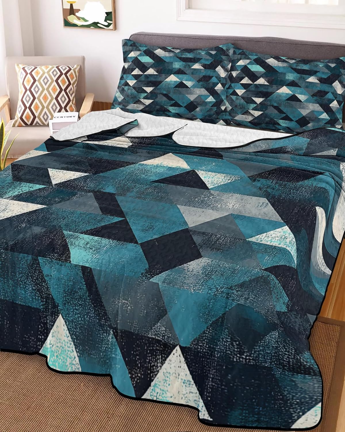 King Size Quilt Set, Teal Blue Black Color Block Geometric Lightweight Bedspread Coverlet Set Soft Microfiber Summer Quilt with 2 Pillow Shams, Retro Abstract Art 3 Piece Comforter Bedding Set