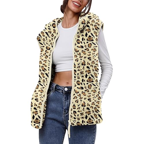 TFSDOD Womens Fuzzy Sherpa Fleece Vest Cozy Sleeveless Sweater Vests with Pocket Womens Zip up Hooded Waistcoat Outerwear