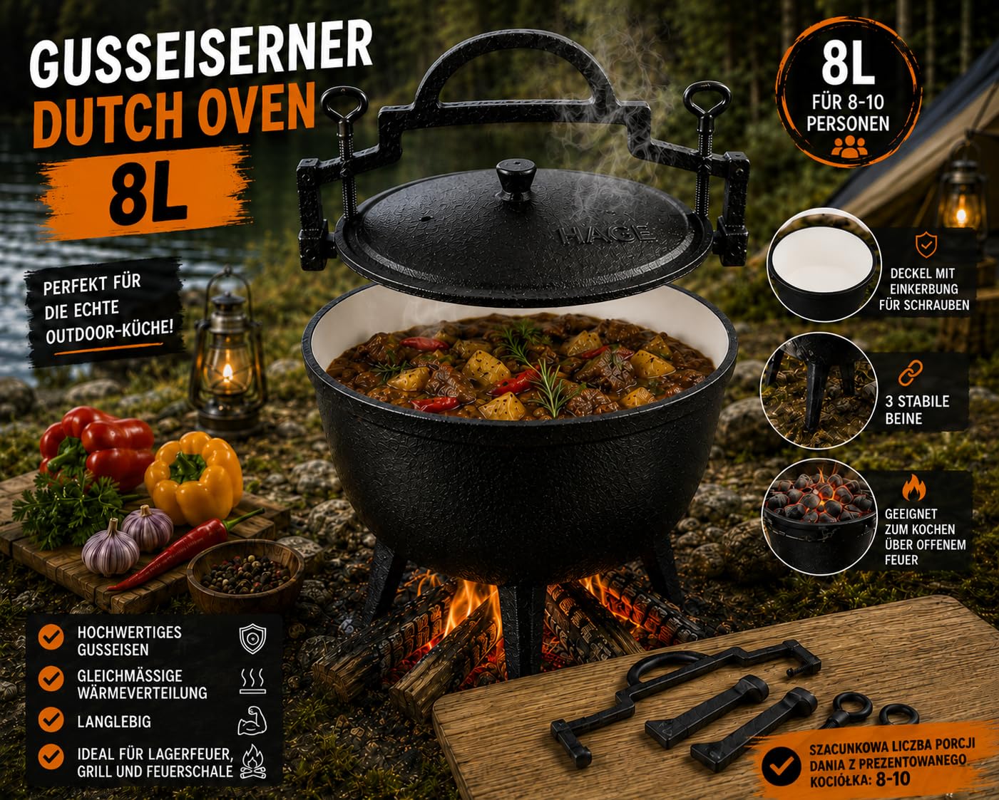 Hervidor de hierro fundido esmaltado 8L 10L con tapa y patas – Cacerola holandesa para cazador, olla para fogatas, barbacoa, camping, olla de hierro húngaro (8 litros)