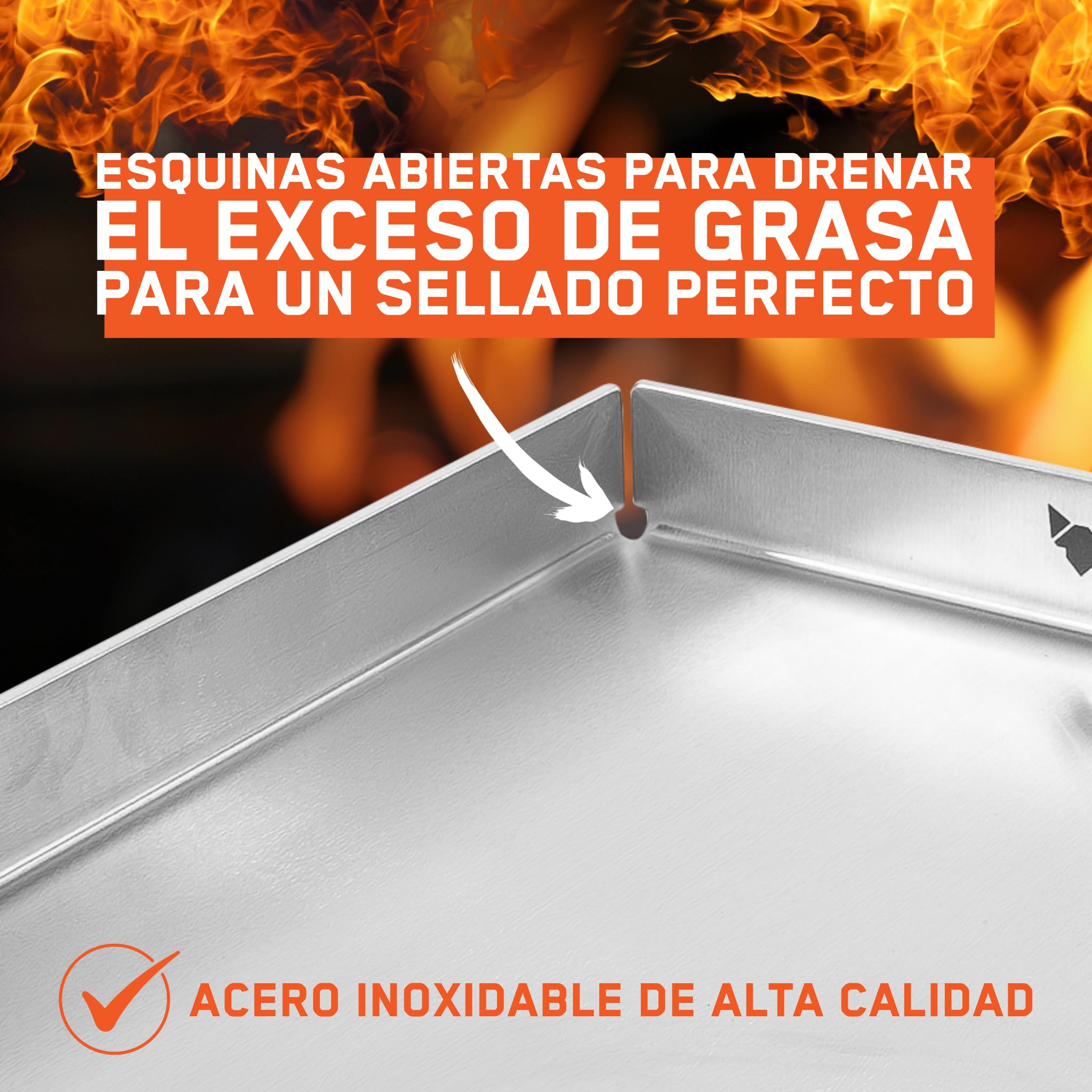 FENNEK Plancha de 40 x 30 cm Teppanyaki plancha con borde frontal y gran orificio de drenaje, acero inoxidable de 4,0 mm, para hamburguesas, verduras, pescado, etc., apta para lavavajillas, bordes