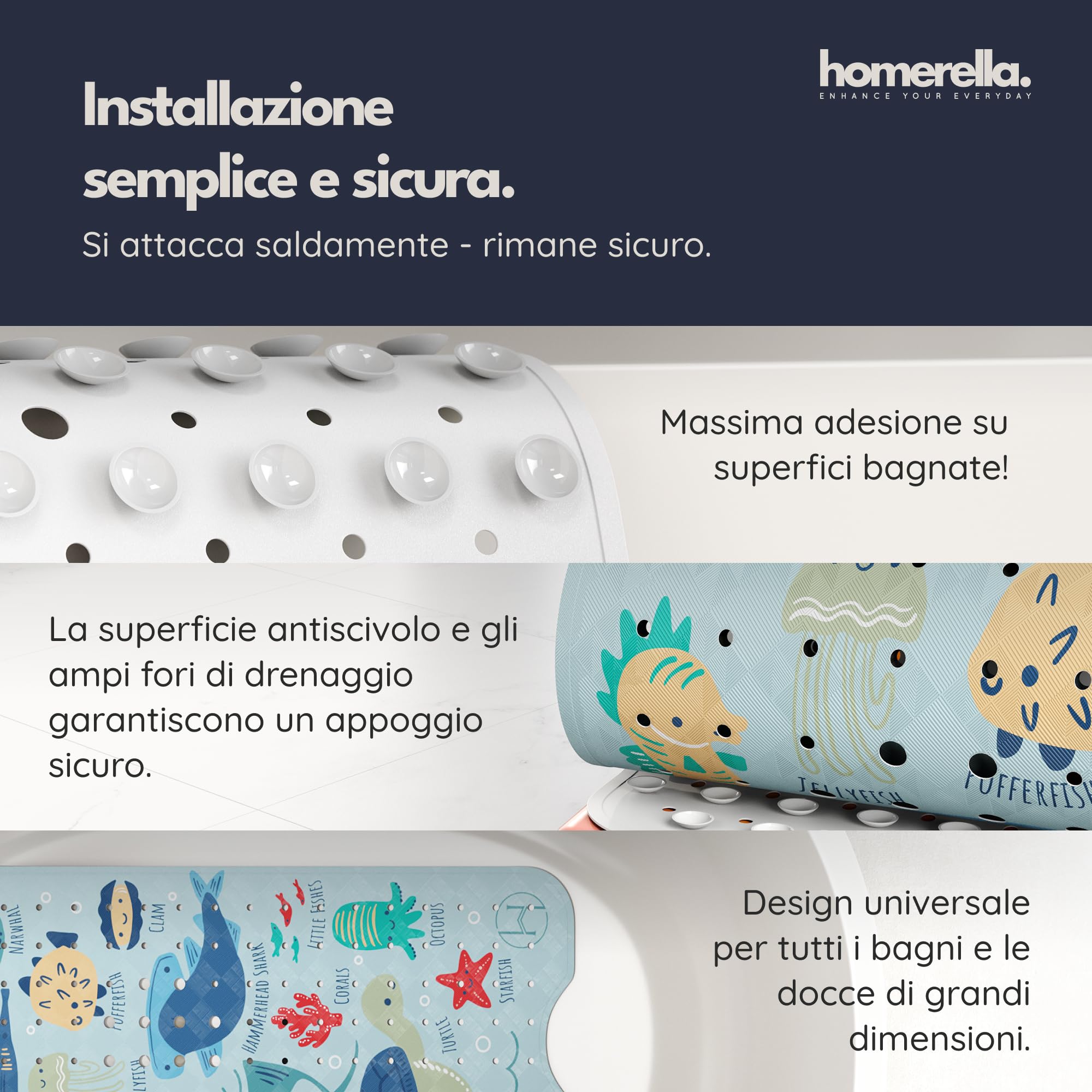 homerella® Tappetino antiscivolo vasca da bagno bambini 100 x 40 cm | Tappeto antiscivolo doccia bambini | Extra confortevole e antibatterico | INCL. GANCI (Turquoise)