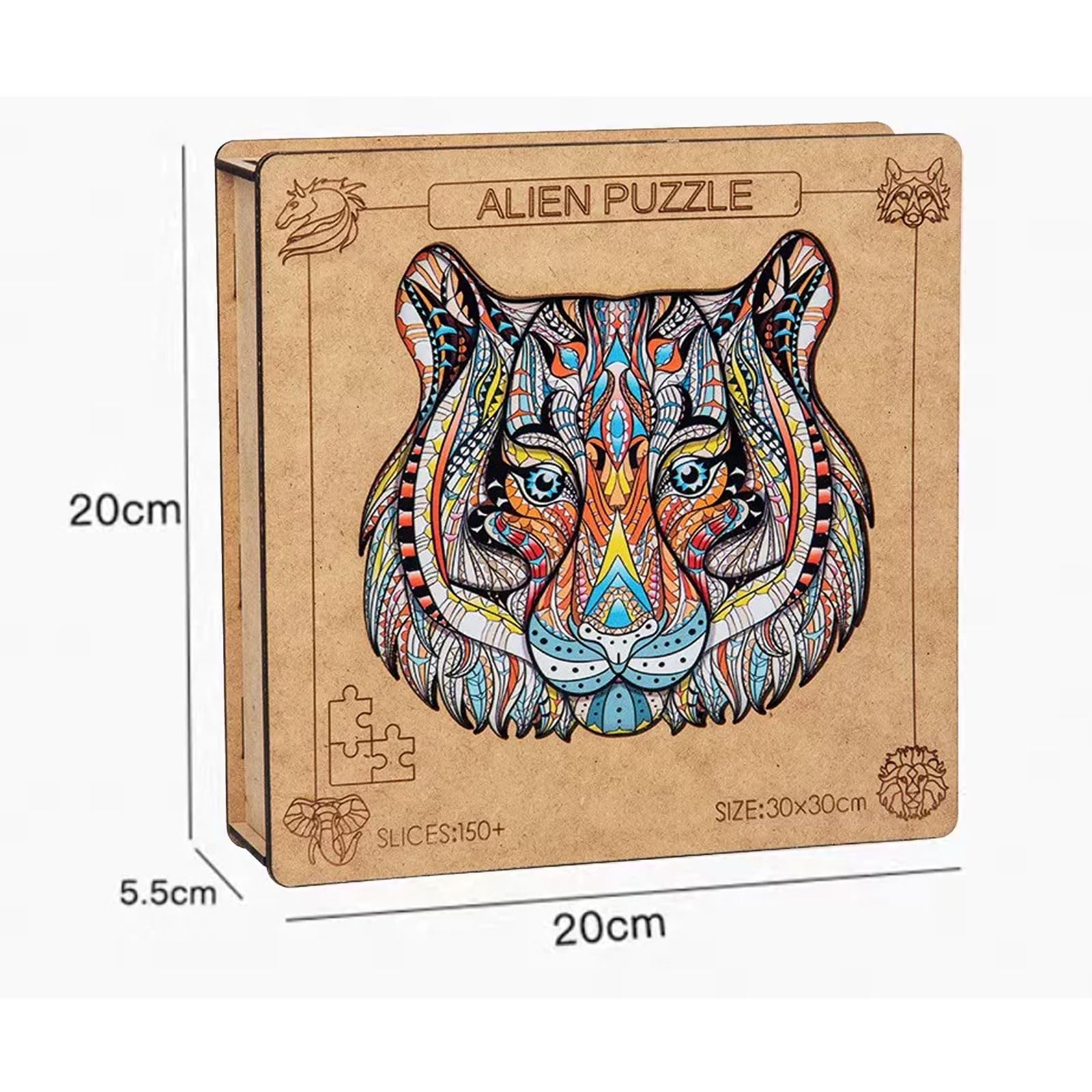 Puzzle di Legno Irregolare Unico Montessori con Animali | Puzzle di Forme con Scatola di Legno, Puzzle Decorativo Fauna con Leone Lupo Tigre Elefante Aquila Orso
