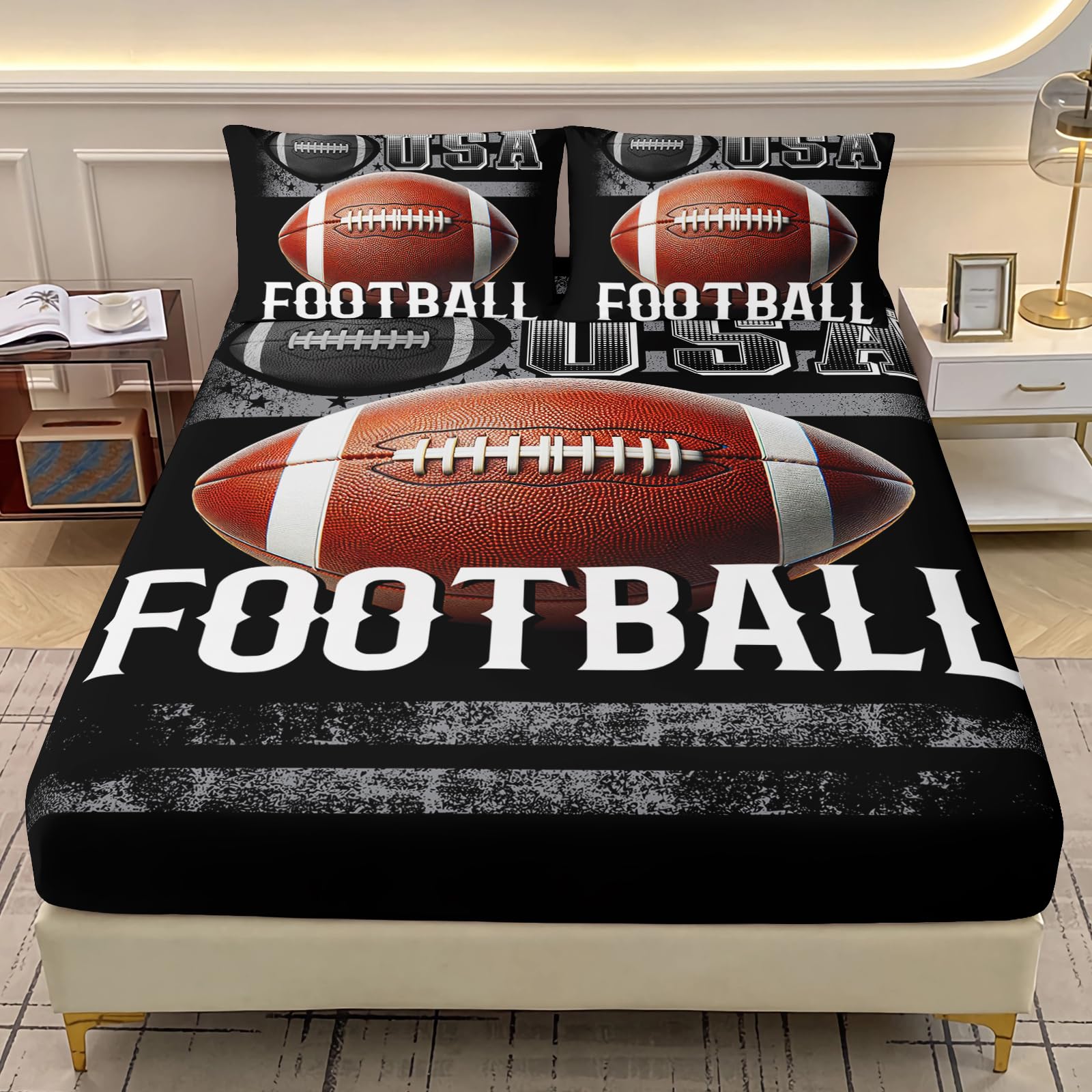 AILONEN American Football Fitted Sheet Set Twin XL Size, Ball Sports Theme Bedding Set for Kids Teens Adults,Rugby Games Bed Sheet Set,1 Fitted Sheet + 2 Pillowcases,3Pcs