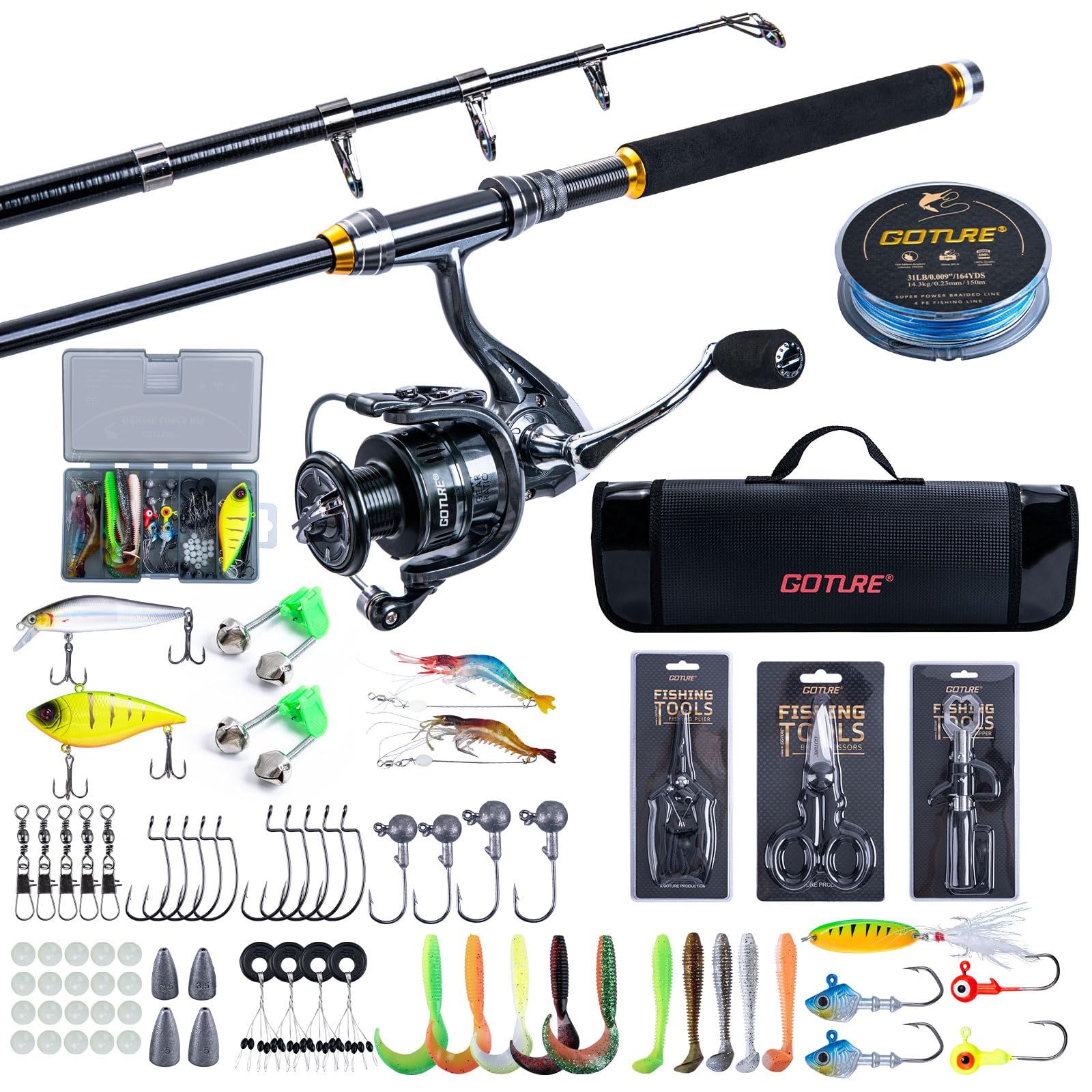 Goture Ensemble de pêche télescopique Carbone 24T 1,8 m 2,1 m 2,4 m 2,7 m Moulinet 5,2:1 Ligne 150 m 14 kg