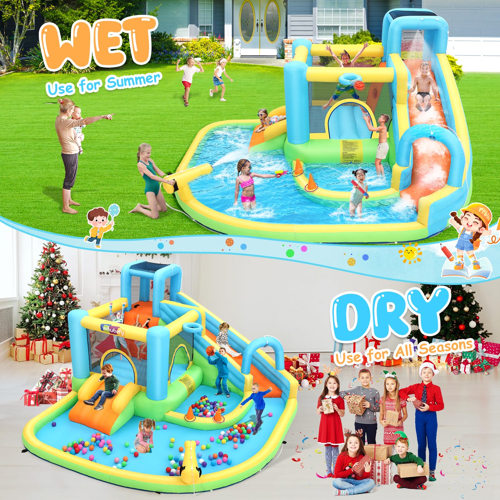 AKEYDIY Inflatable Bounce House Water Slide for Kids 3-12 Backyard, Outdoor/Indoor Bouncy House Water Park with Dual Slides, Climbing Wall, Water Gun, Ring Toss, Boxing Game (with 550W Blower)