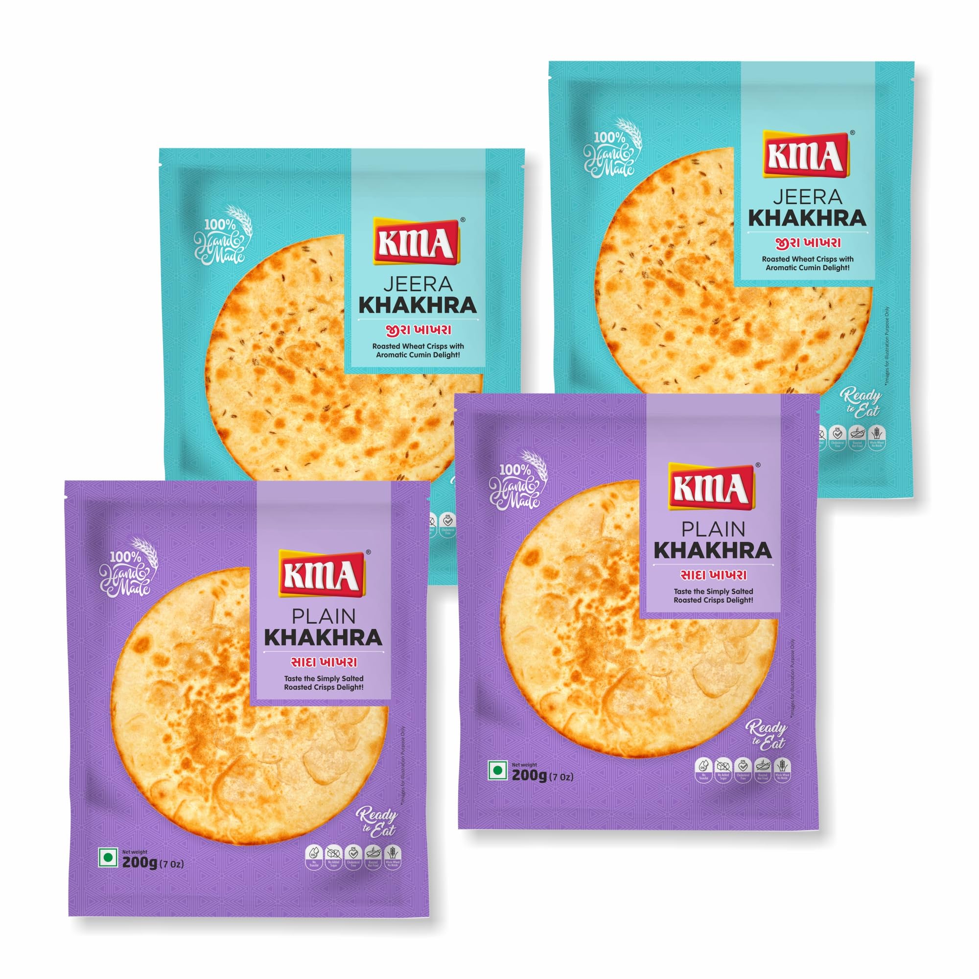 KMA Plain Khakhra 2, Jeera Khakhra 2 - Handmade Roasted Gujarati Snacks Combo 800g (4 packs * 200g each) | Fresh Healthy & Organic Foods | No Maida | Ready to Eat Indian Whole Wheat Delight | Crispy & Nutritious with Authentic Taste & Natural Ingredients | Low Calorie Diet-Friendly | Anytime Jain Snack