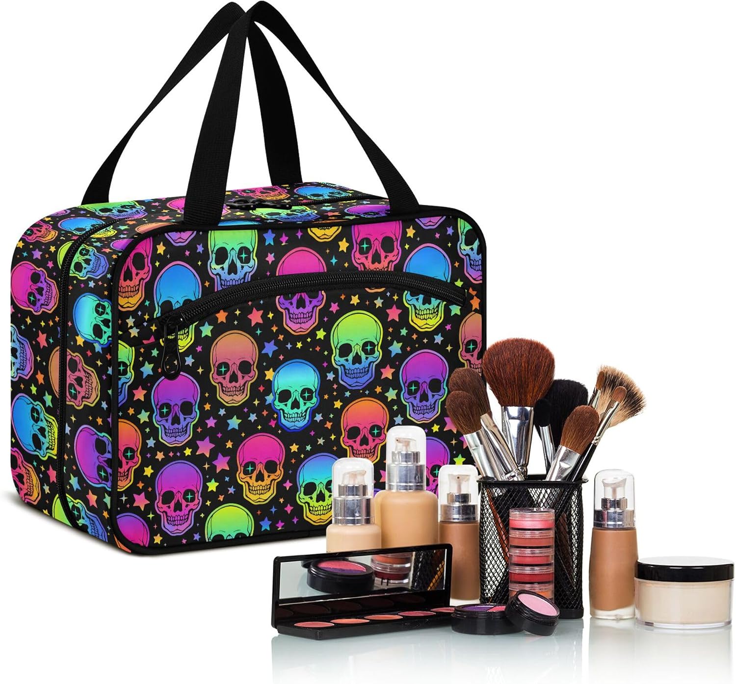 MNSRUU Hanging Toiletry Bags for Women Travel, Gothic Bright Skulls Toiletry Organizer Portable Travel Toiletry Bags Clear Wash Bags Makeup Bag Cosmetic Bag