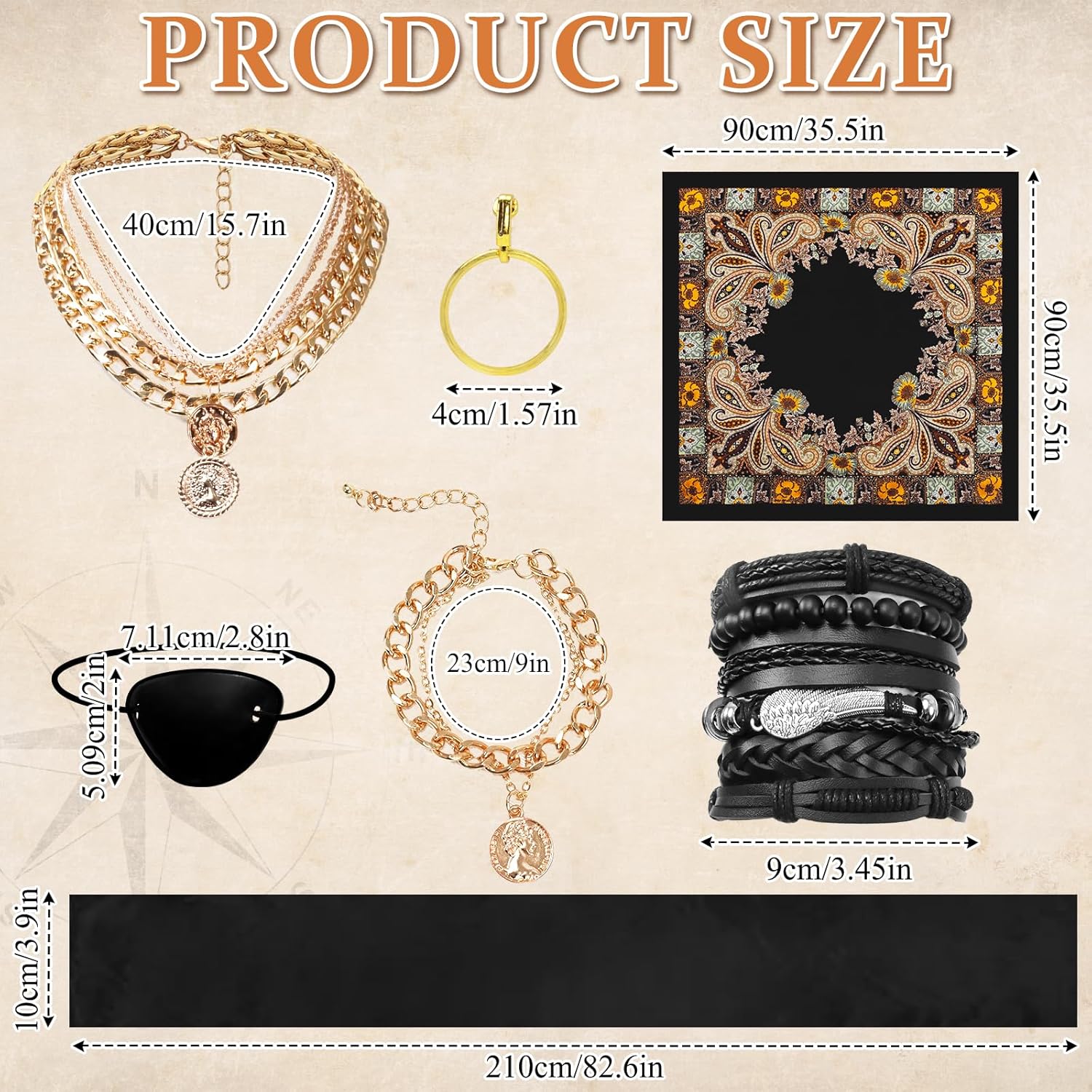 Pirate Costume Accessories Set for Women Pirate Head Scarf Pirates Sash Belt Necklace Bracelets Eye Patch Earrings Dress Accessories for Cosplay Party Dress-Up Ren Faire Carnival - Image 2