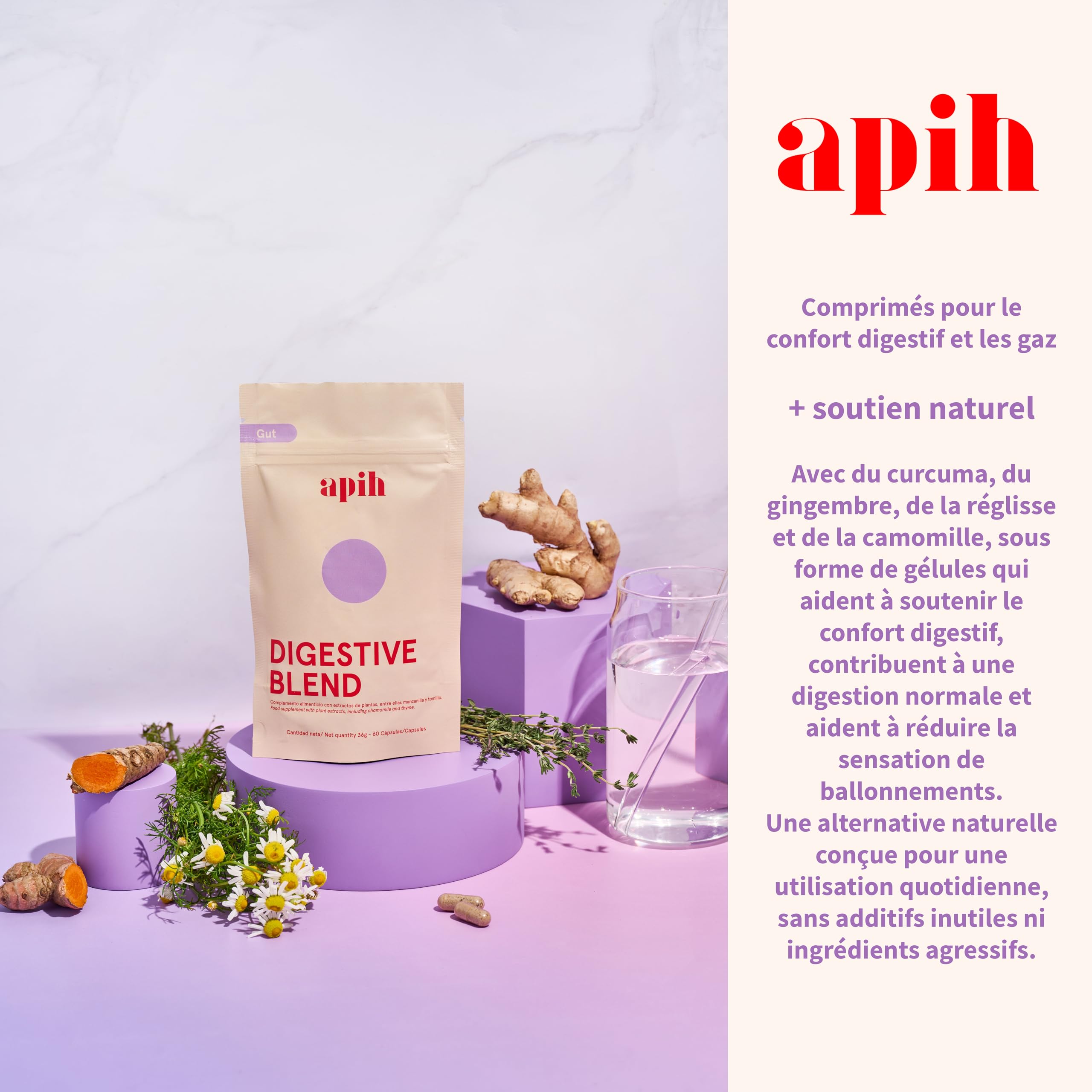 Digestive Blend avec 16 extraits de plantes, enzymes digestives, complément alimentaire au curcuma, à la camomille et au gingembre, 60 gélules