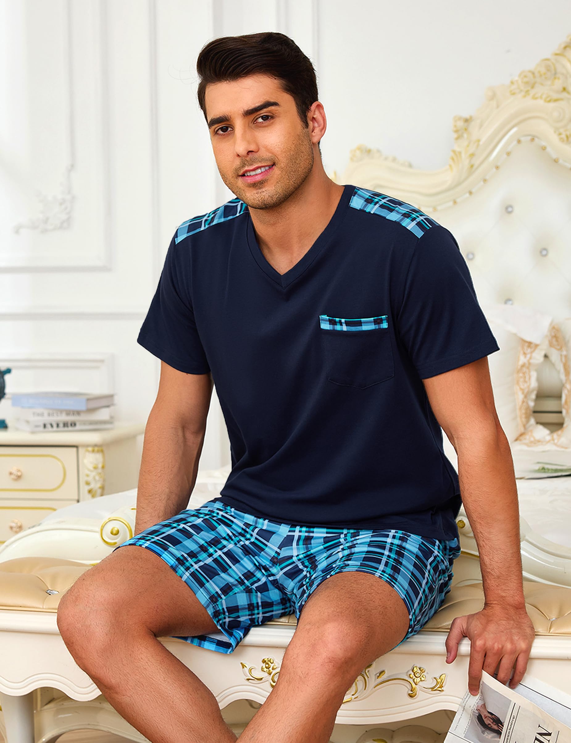 Litherday Schlafanzug Herren Kurz Sommer Baumwolle Pyjama Set Kurzarm Shorty Zweiteiliger T-Shirt Schlafanzughose Loungewear für Männer