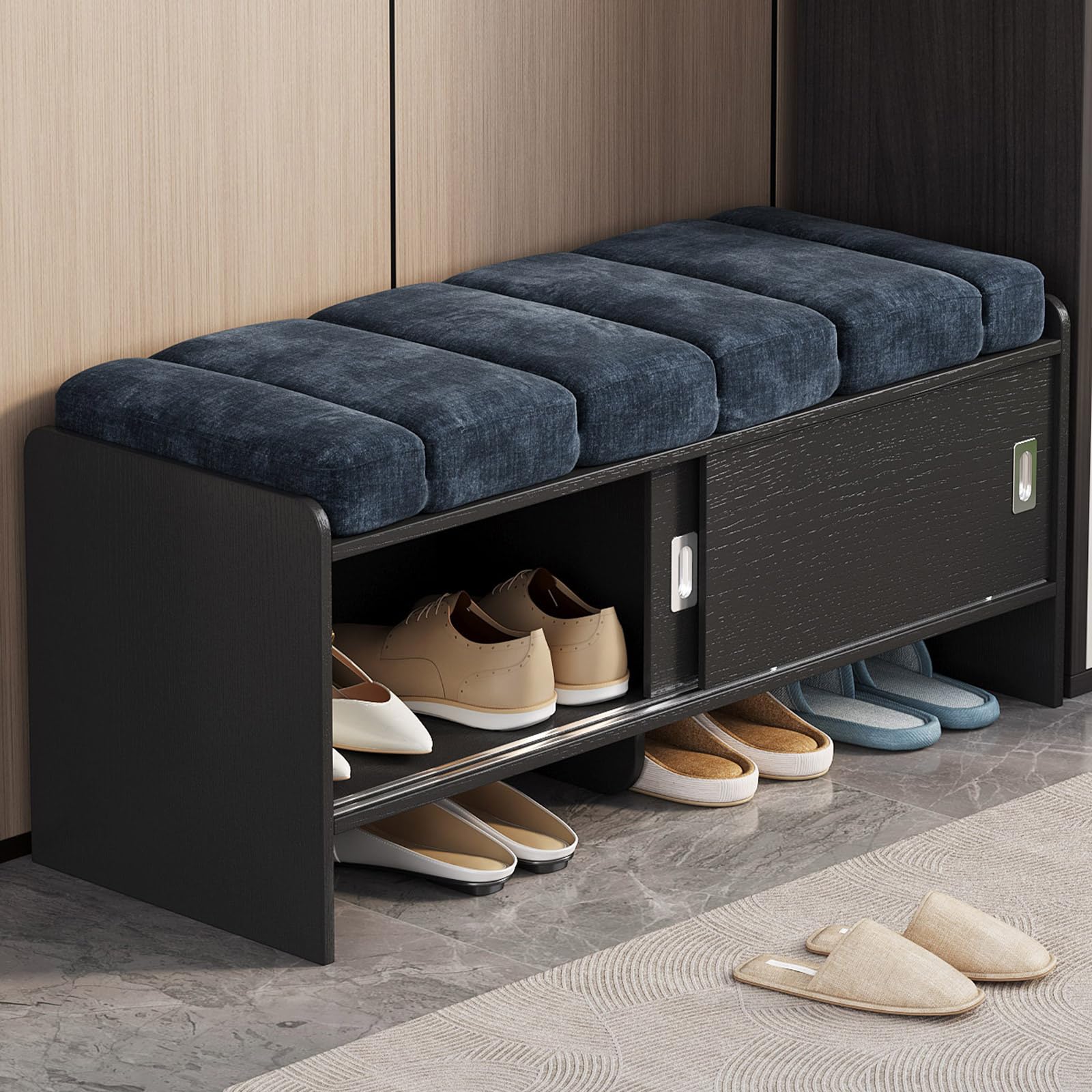 Miuuod 110cm Shoe Storage Bench, Double Deck Shoe Bench with 2 Slide Doors, Shoe Changing Stool with Cushion Padded Seat for Entryway, Living Room, Bedroom and Hallway