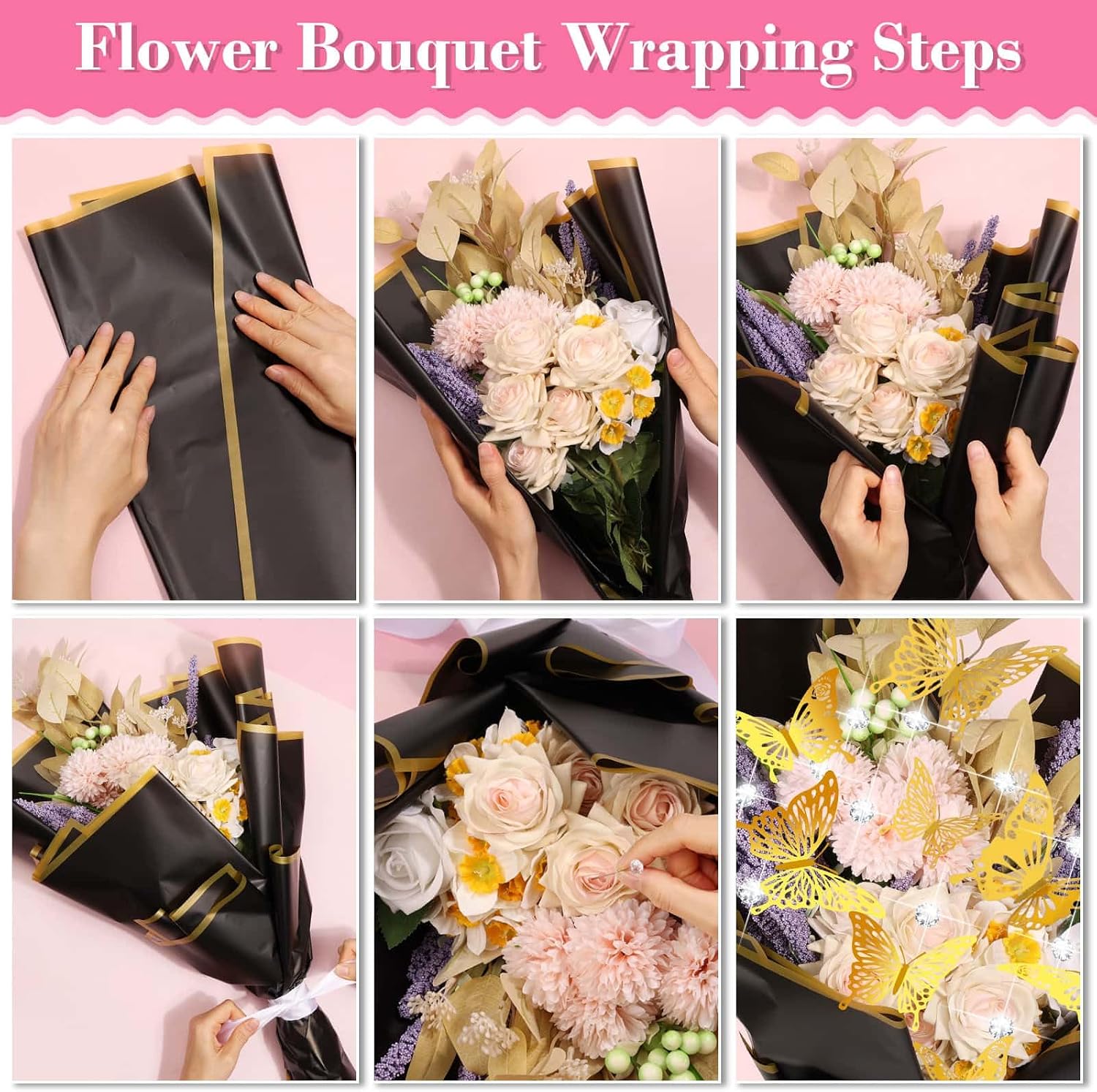 Flasoo 235Pcs Floral Wrapping Paper for Bouquet, Money Bouquet Kit with 20 Sheets Black Flower Wrapping Paper, Butterflies, Rhinestone Pins, Ribbons and Wooden Sticks for Flower Bouquets