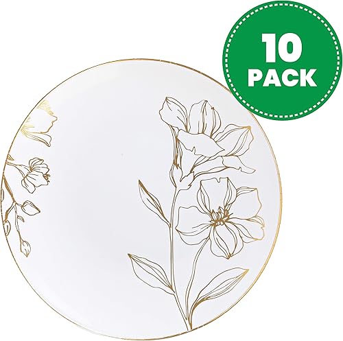 Miniatura 6 de PLASTICPRO Platos de plástico blanco con diseño floral con borde dorado, platos desechables elegantes y pesados de primera calidad (120 platos de 6