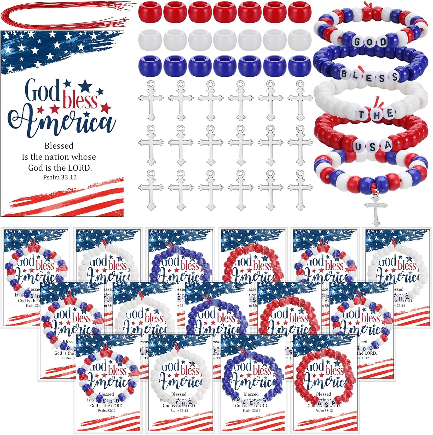 16 Set 4th of July Activities Crafts kits Patriotic Bracelets 250th Anniversary Favors USA Flag God Bless America Prayer Card with Letter Beads Bracelet DIY Making Kit for Independence Day Party