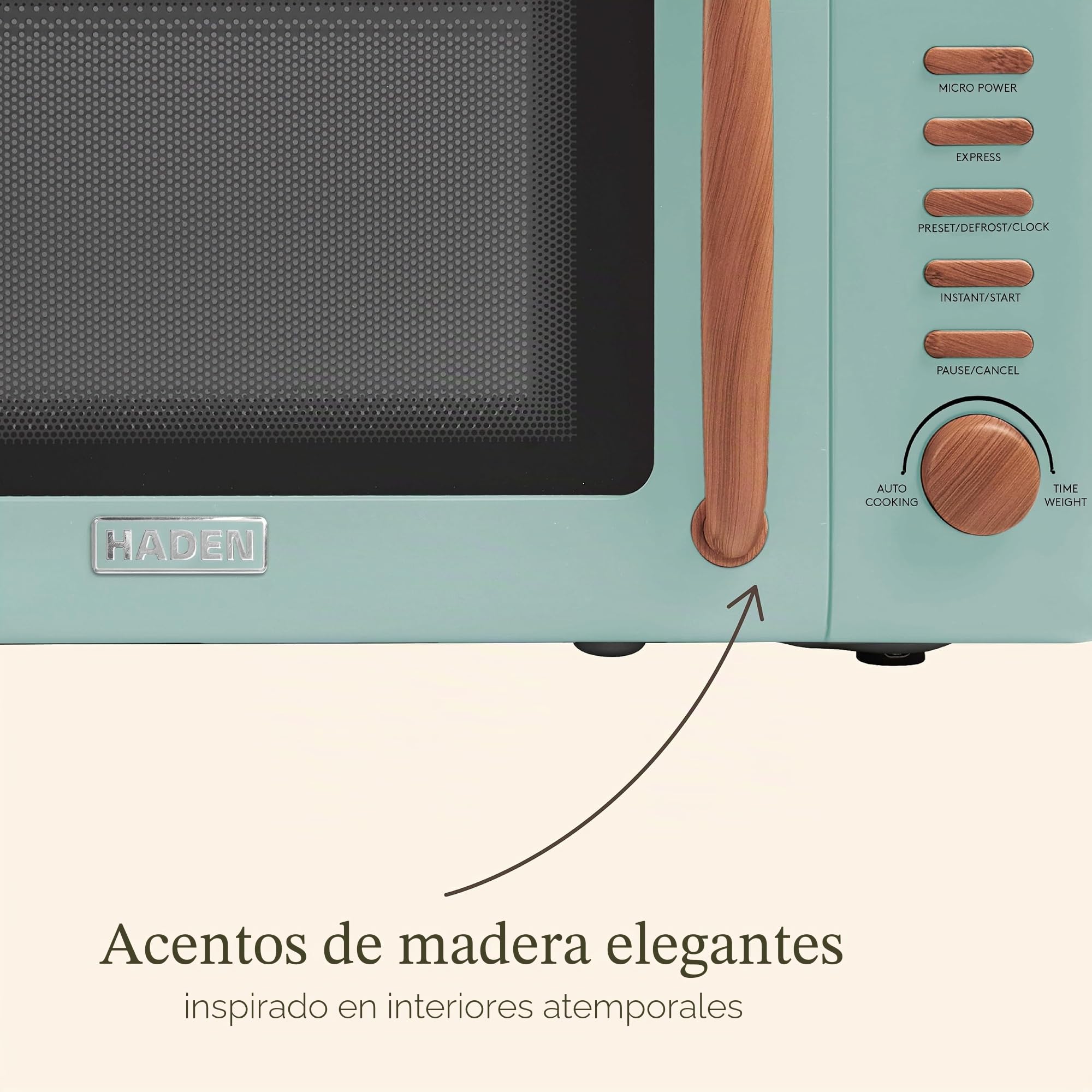 Haden Dorchester Green - Horno microondas de 20 L, 800 W, controles digitales, 5 niveles de potencia, ideal para encimera con acabado efecto madera, espacio de cocina pequeño