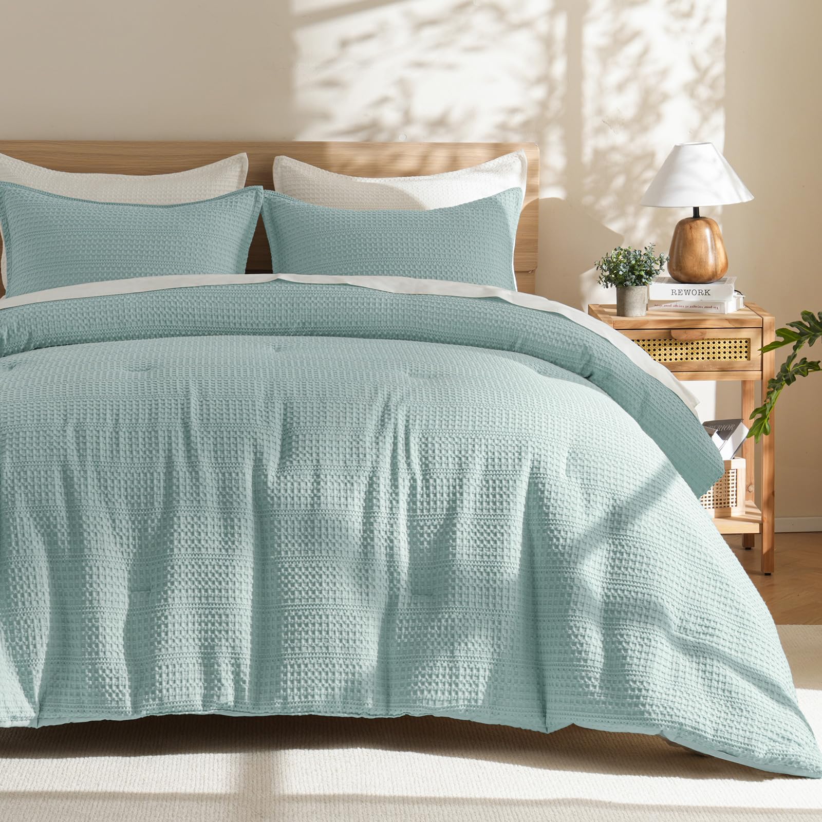 phf soft waffle comforter set queen size- comfy breathable waffle weave comforter with 2 pillow shams, 3 pieces less snagging lightweight textured bedding set for all season, aqua