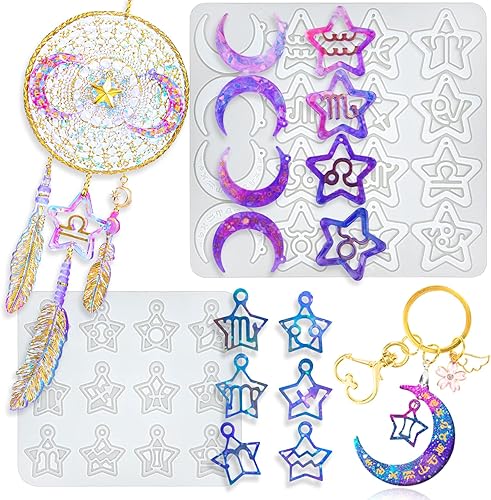 Moldes de resina del zodiaco Dijes de silicona con forma de luna y estrella, 2 tamaños para llavero, collar, colgante, aretes, pulsera, cabujón,