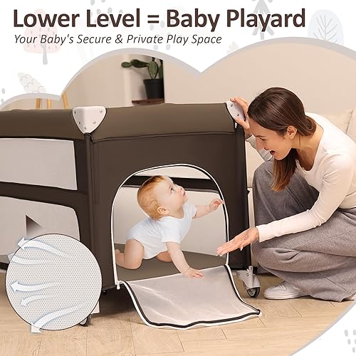 Miniatura 5 de Cuna plegable para bebé, paquete 5 en 1, cama de noche con corral, incluye colchón, cambiador, mosquitero, móvil giratorio y almacenamiento para