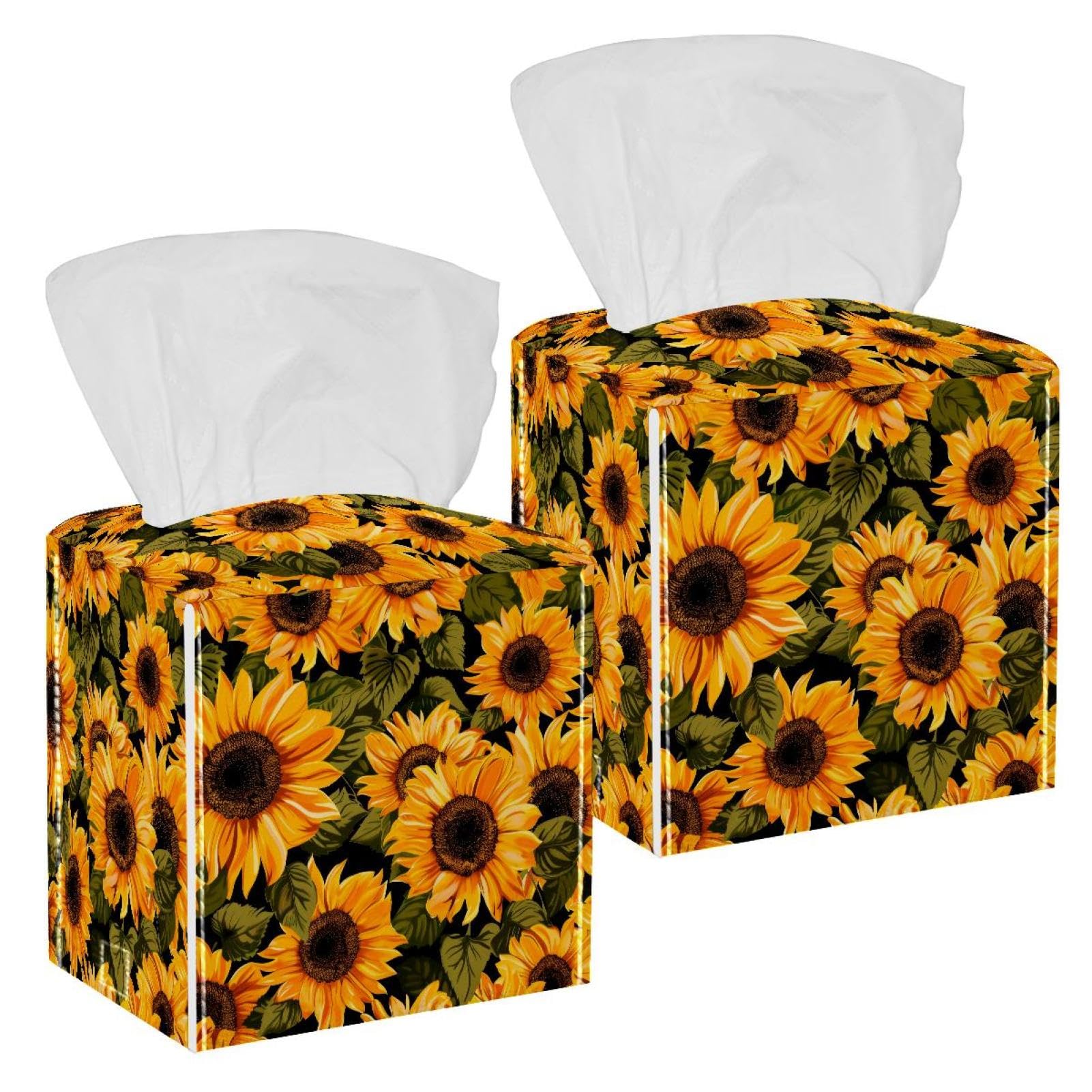 Sunflower Tissue Box Cover, 2 Pack PU Leather Square Facial Tissue Dispenser Box holder for Home Office Car