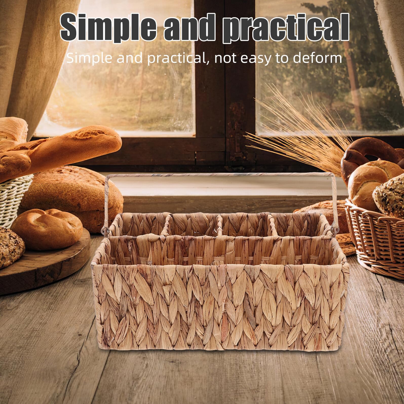 Cesto Portaposate Intrecciato in Rattan con Scomparti Organizzatore da Tavola Rustico e Portatile per Posate e Utensili Contenitore in Paglia per Picnic e Cena