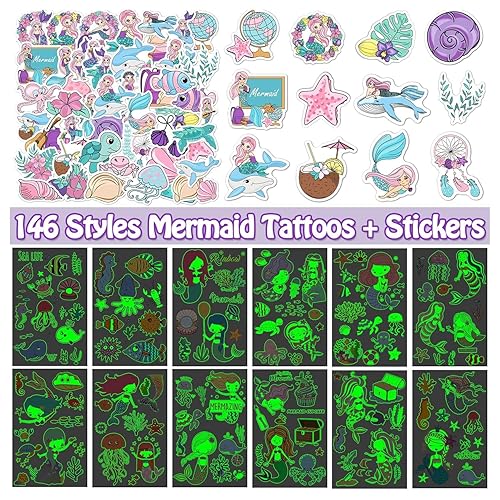Leesgel Calcomanías de sirena para niñas y niños, 146 estilos de decoración de cumpleaños de sirena, suministros de recuerdos de fiesta, calcomanías