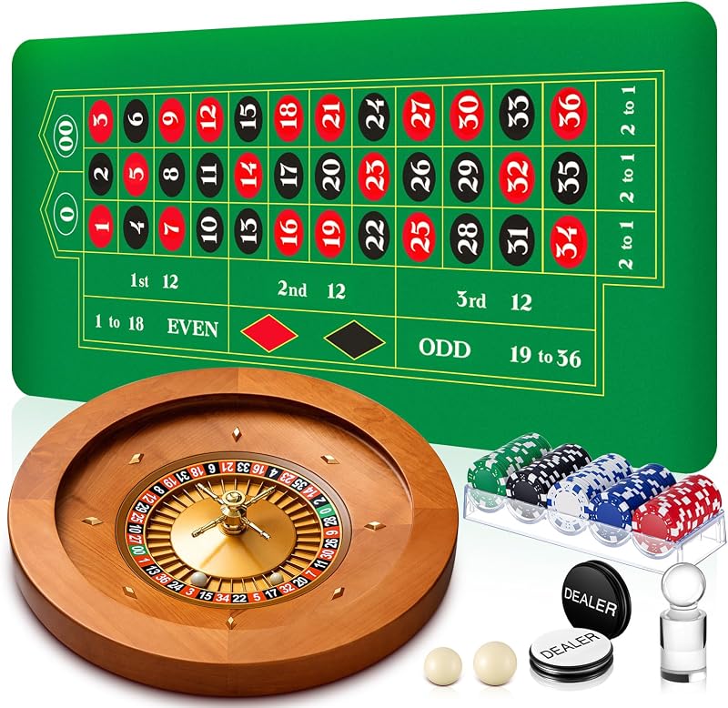 Lunmon Juego de rueda de ruleta de madera de 20 pulgadas, incluye rueda de madera maciza de 20 pulgadas con 4 bolas de ruleta, alfombrilla de goma portátil de 47 x 23,6 pulgadas, 100 fichas, marcador, botón de distribuidor