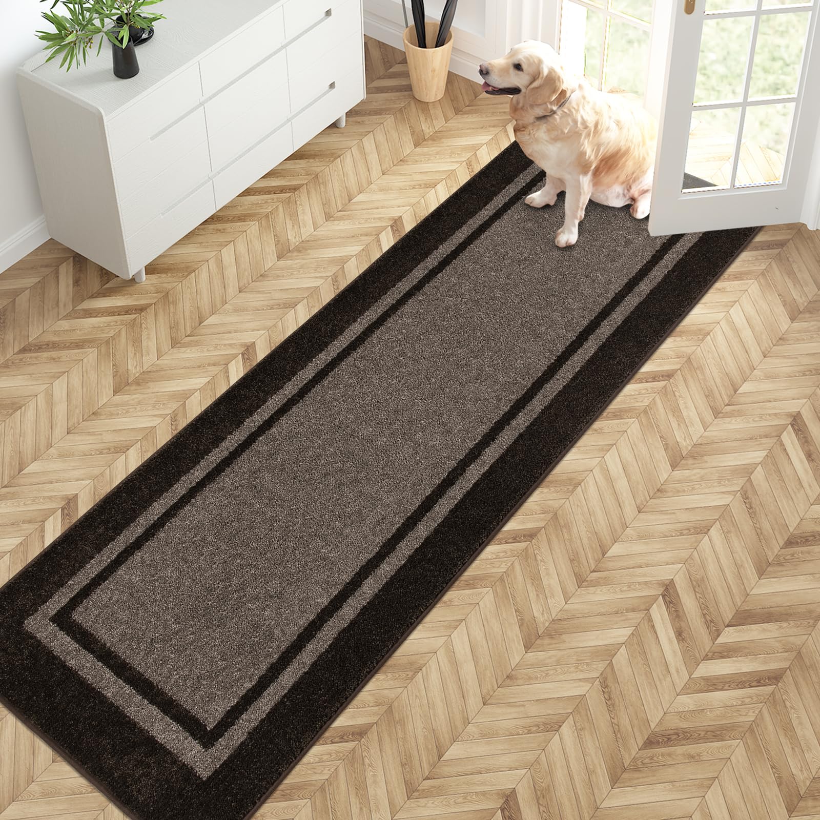 PURRUGS Dirt Trapper Door Mat 24" x 84", Non-Slip/Skid Machine Washable Entryway Rug, Shoes Scraper, Area Rug, Super Absorbent Welcome Mat for Muddy Wet Shoes and Paws, Grayish Brown & Coffee