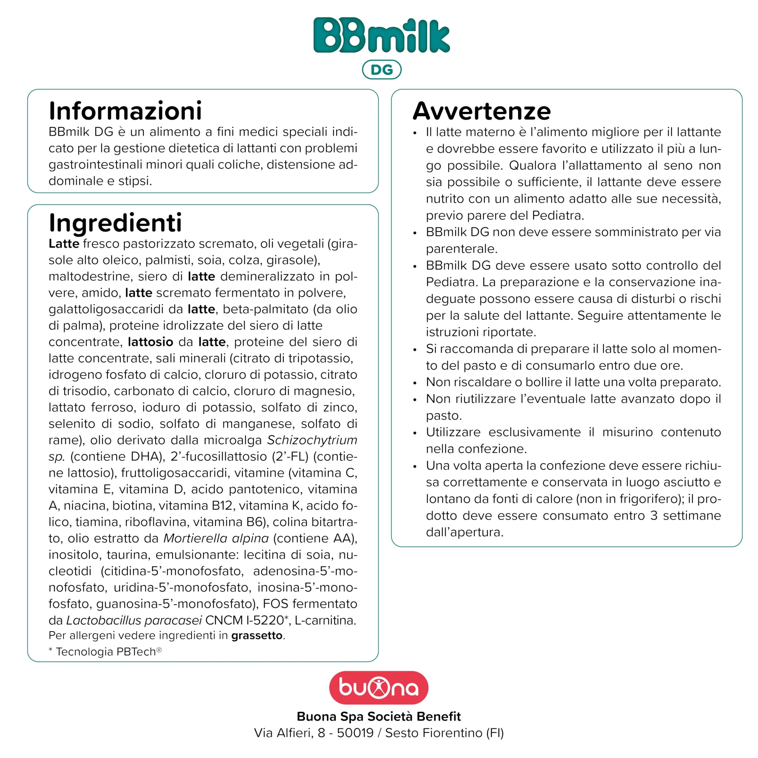 Buona Latte in Polvere per Coliche Neonato BBmilk DG 400g, Latte in Polvere per Neonati 0-12 Mesi con Coliche e Stipsi, Alimento a Fini Medici Speciali, Made in Italy