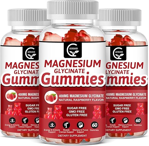 Miniatura 10 de Gomitas de glicinato de magnesio 400 mg, suplemento de potasio con complejo de malato de magnesio quelado, vitamina D, B6 y CoQ10, apoya la memoria,