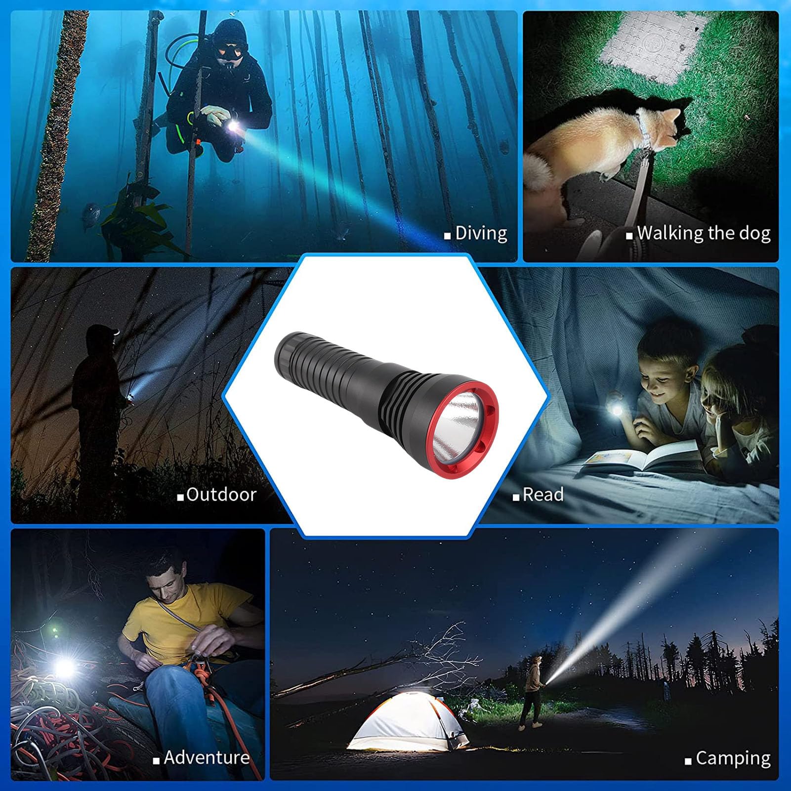 Linterna de buceo LED de 2000 lm, linterna de buceo súper brillante para buceo y exploración subacuática, aluminio IPX8 de 100 m