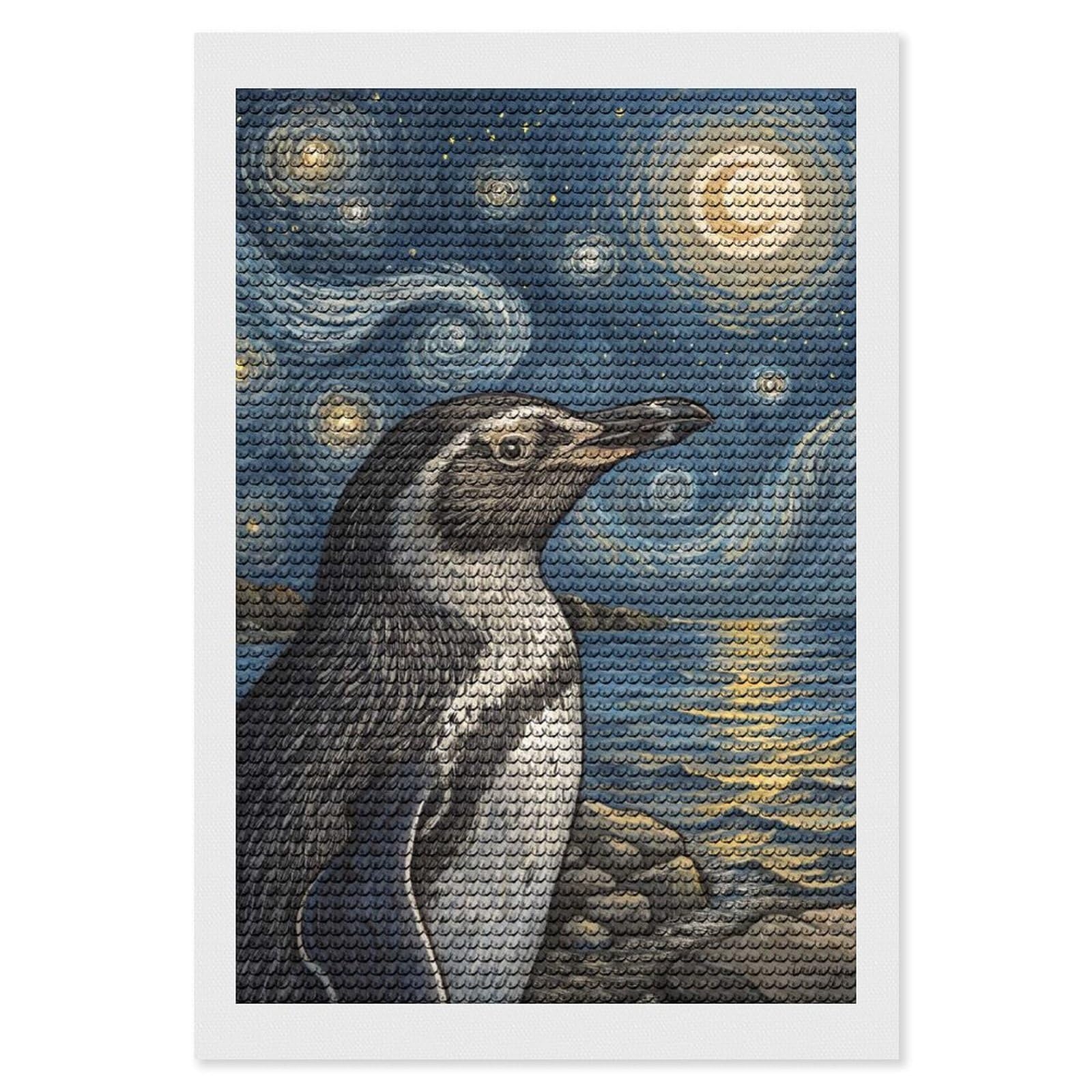 Junmoney Penguin Under Starry Night Sky Diamond Art Kit 8"x12", Bedroom Decor, Adhesive Canvas, Full Kit Included, Thoughtful Present, Birthday Gift