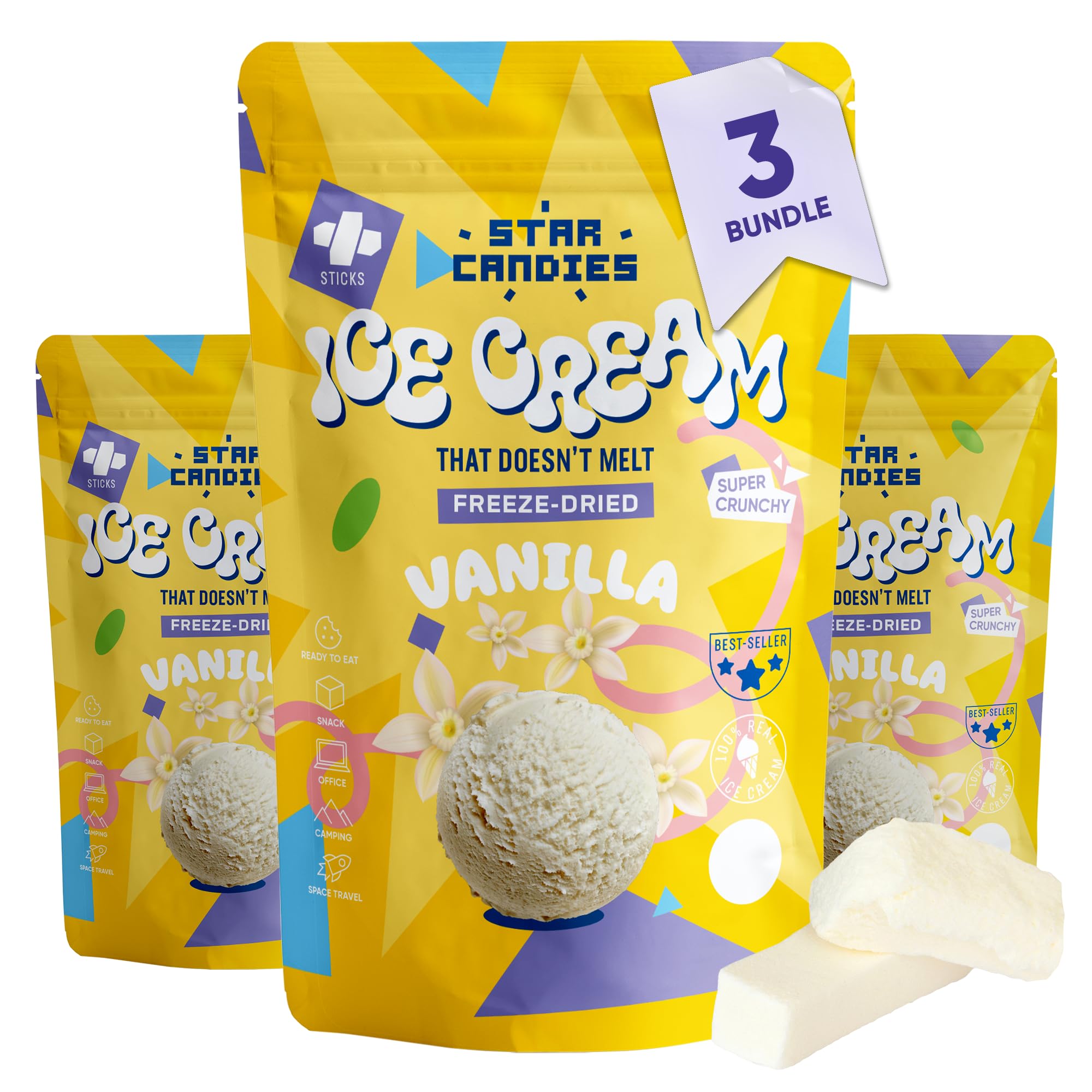 Star Candies Gefriergetrocknetes Vanilleeis | Gefriergetrocknete Süßigkeiten | Freeze Dried Candy | Weltraum- und Astronauten-Snack | Ideales Camping, Geburtstags- oder Party Essen (150 g, 3er pack)