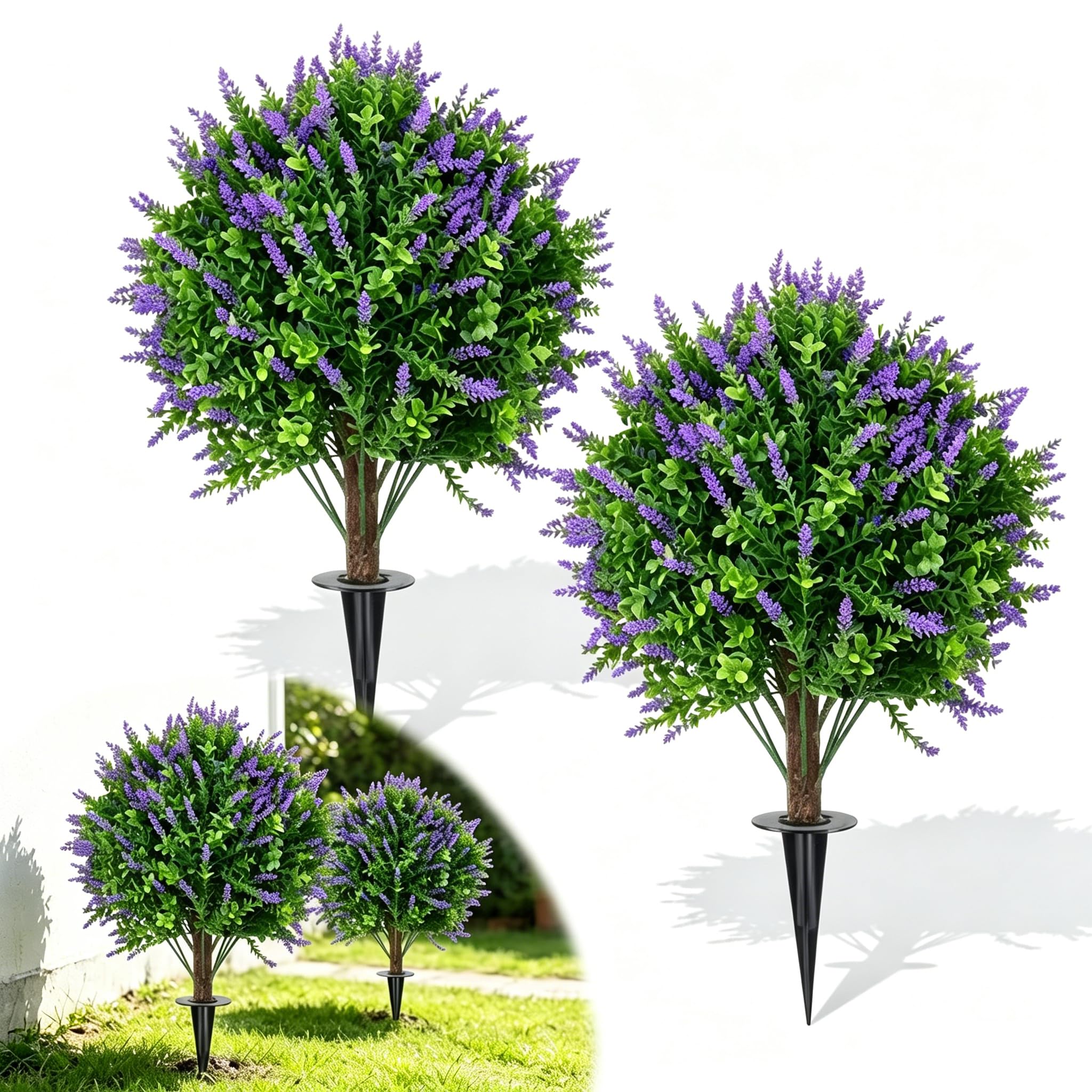 24in Artificial Boxwood Topiary Balls Set of 2, Topiary Tree with Ground Spike, UV Resistant Realistic Lavender Plants, Floral Greenery Lavender Plants for Porch, Garden, Yard