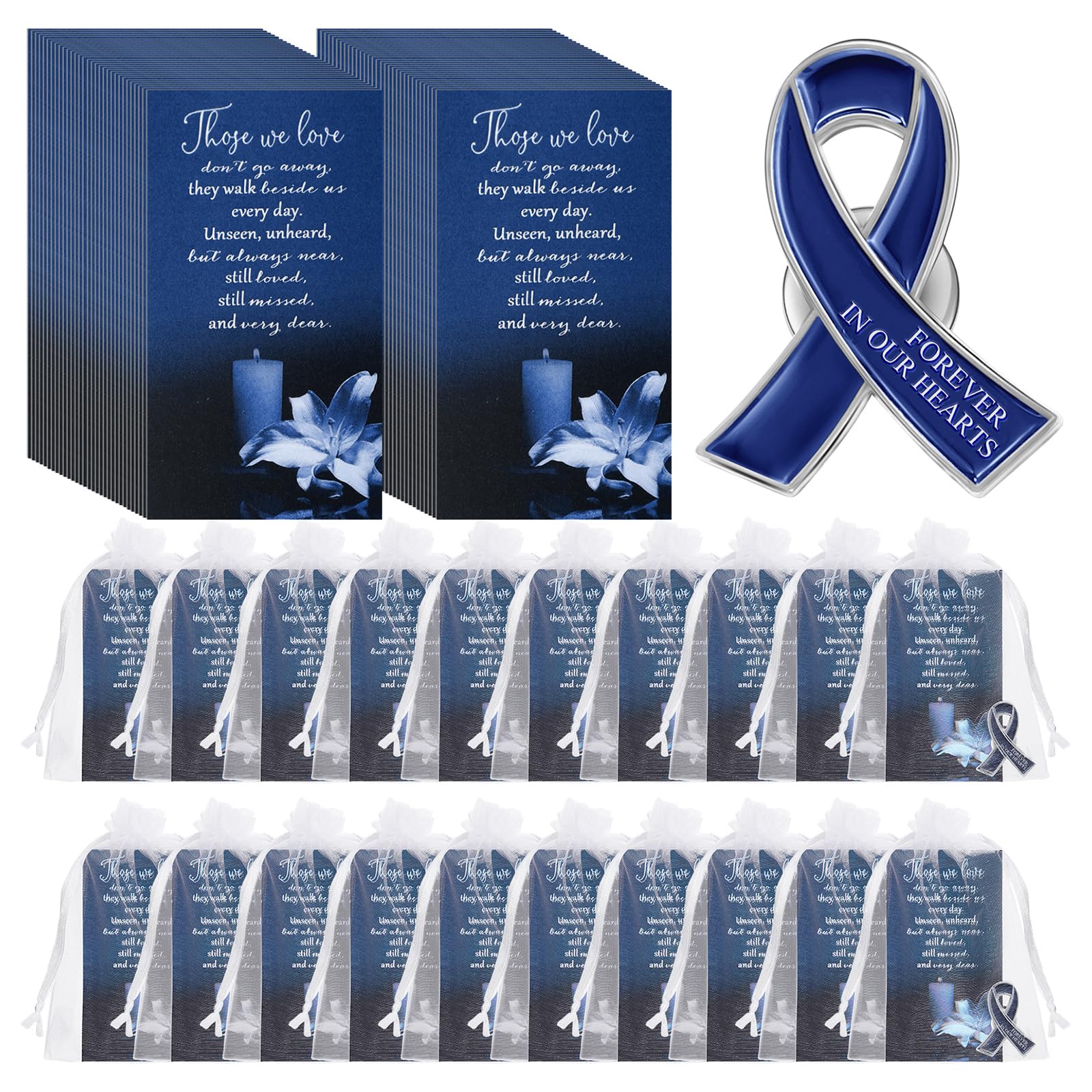 Unittype 120 Set Funeral Ribbon Pins Awareness Lapel Pin Remembrance Ribbon Brooch with Prayer Cards Organza Bags(Royal Blue)