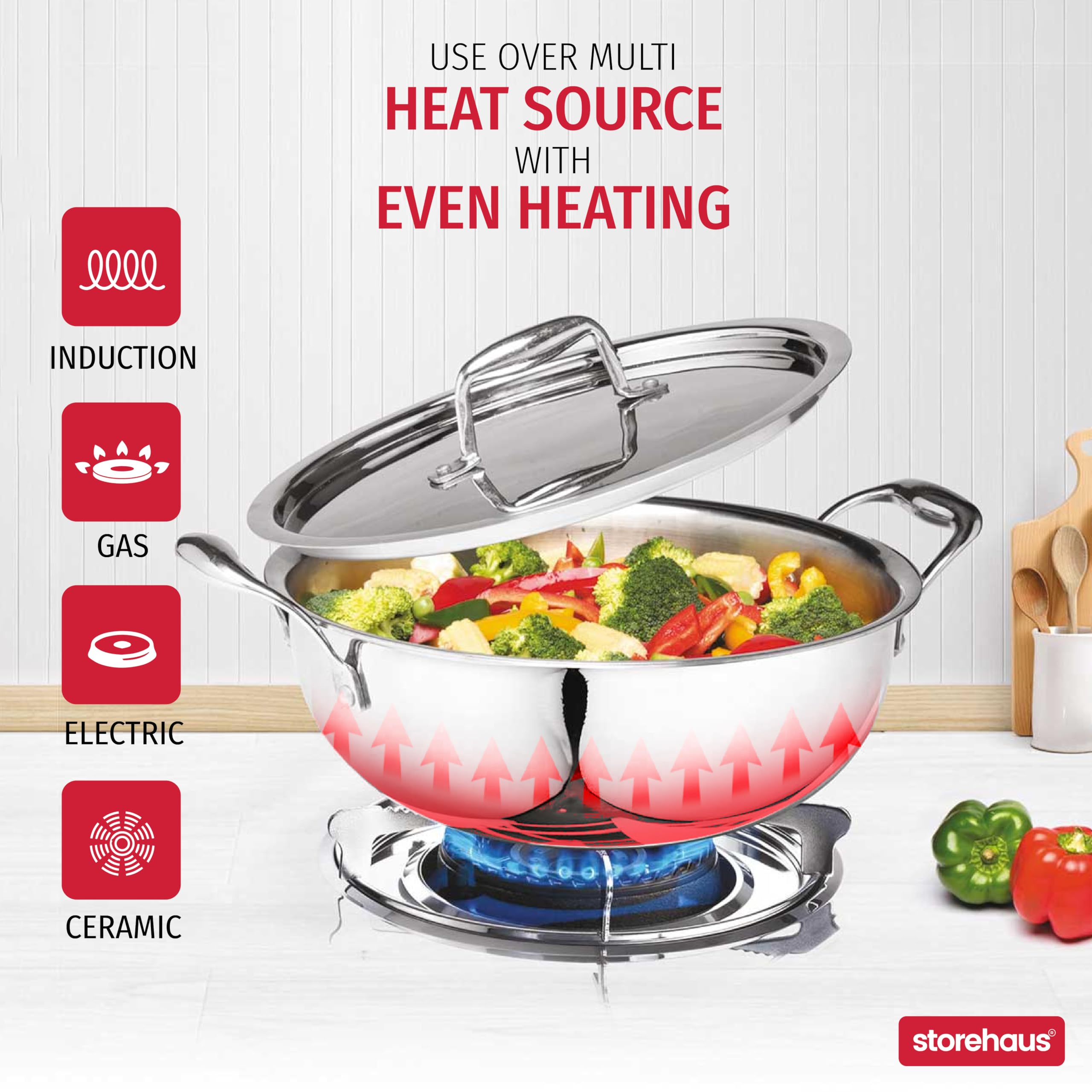 Storehaus Triply Stainless Steel Non Stick Kadai Honeycomb Surface with Lid, 2 L, 22 cm, Ideal for Curry/StirFry/DeepFry, Broad Hold Handles, Spatula Friendly, Induction & Gas Safe, 2 Years Warranty. 1
