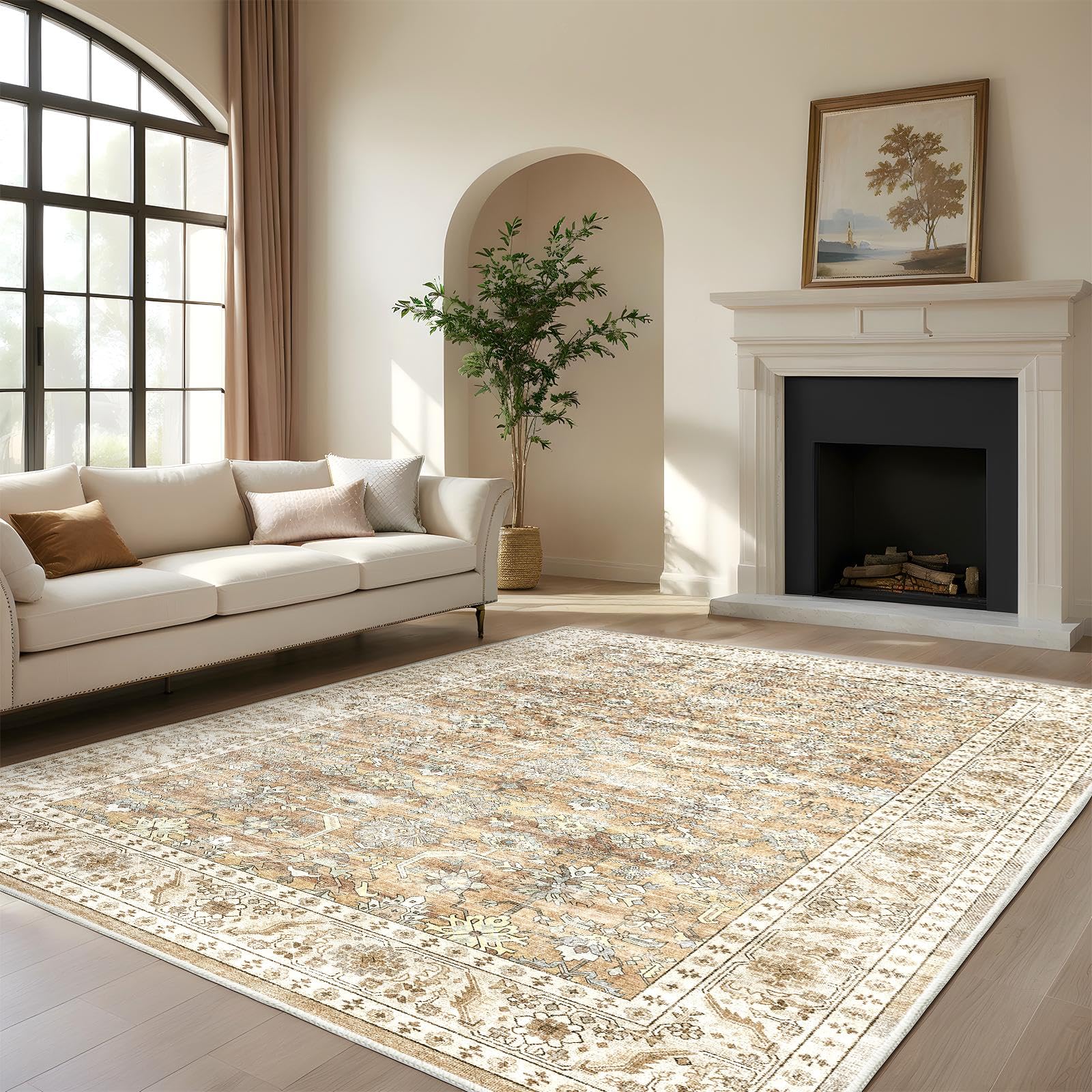 HOMFINE Vintage Tapis Salon Beige Marron 160x230 cm - Lavable en Machine Antidérapant Poil Court Doux Grand pour Chambre Salle à Manger Couloir