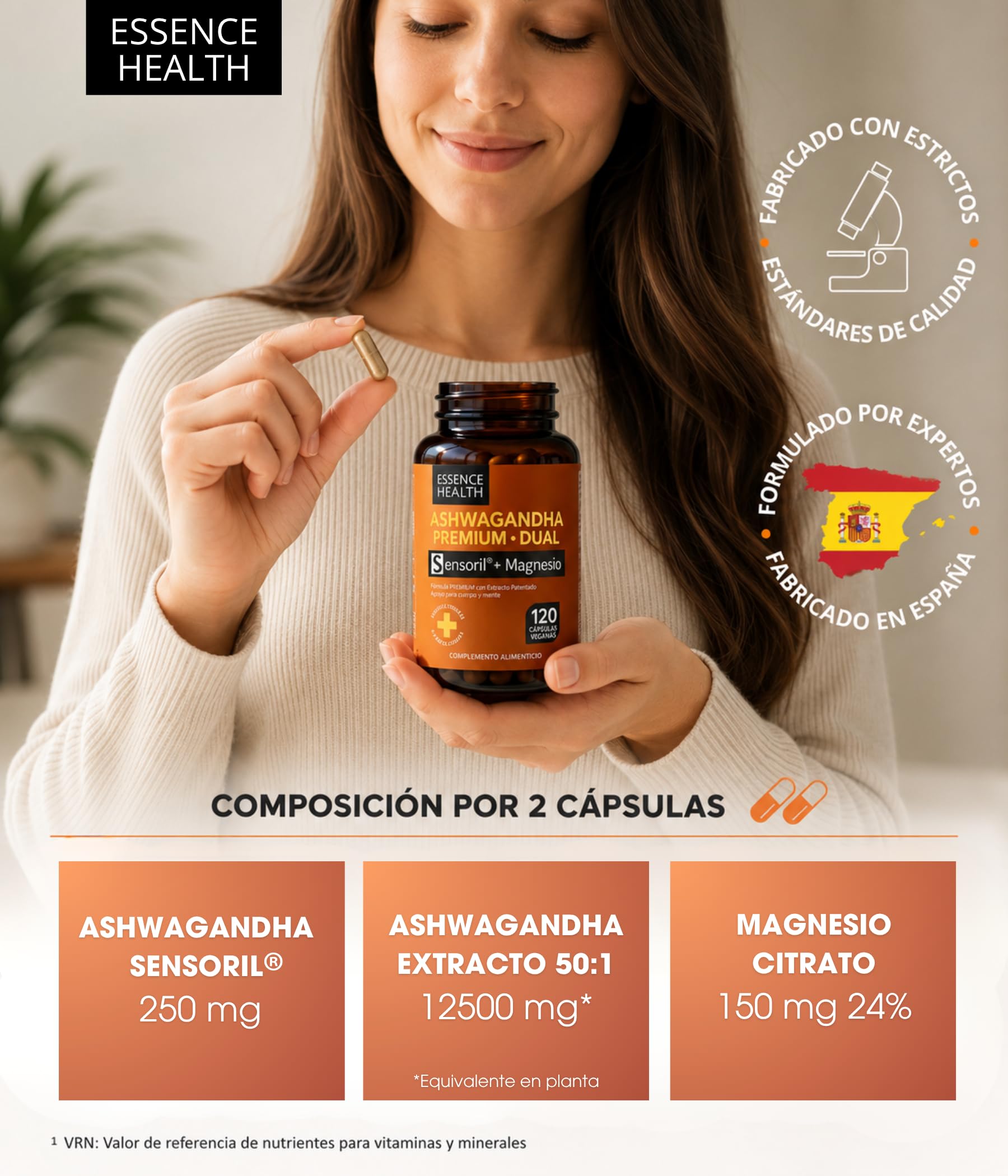 Ashwagandha Sensoril® Alta Potencia 50:1 – Extracto de Ashwagandha Adaptógena para Estrés, Ansiedad y Energía – con Magnesio para Equilibrio Mental – 120 Cápsulas Veganas