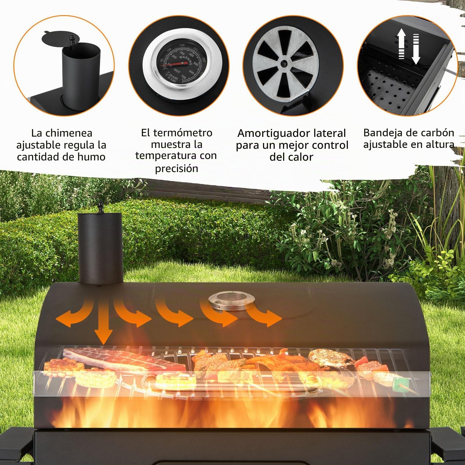 GOPLUS Barbacoa de carbón con tapa, carro de barbacoa con 2 ruedas con 2 mesas laterales plegables, 8 ganchos, termómetro y abrebotellas, parrilla BBQ para picnic, fiesta, camping, jardín y terraza