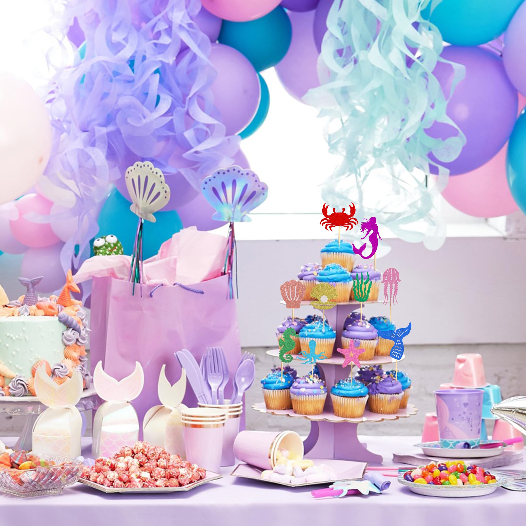 Candcamp 70 decorazioni per torte a forma di sirena, decorazioni per torte a forma di coda di sirena, stelle marine, decorazioni per feste di compleanno