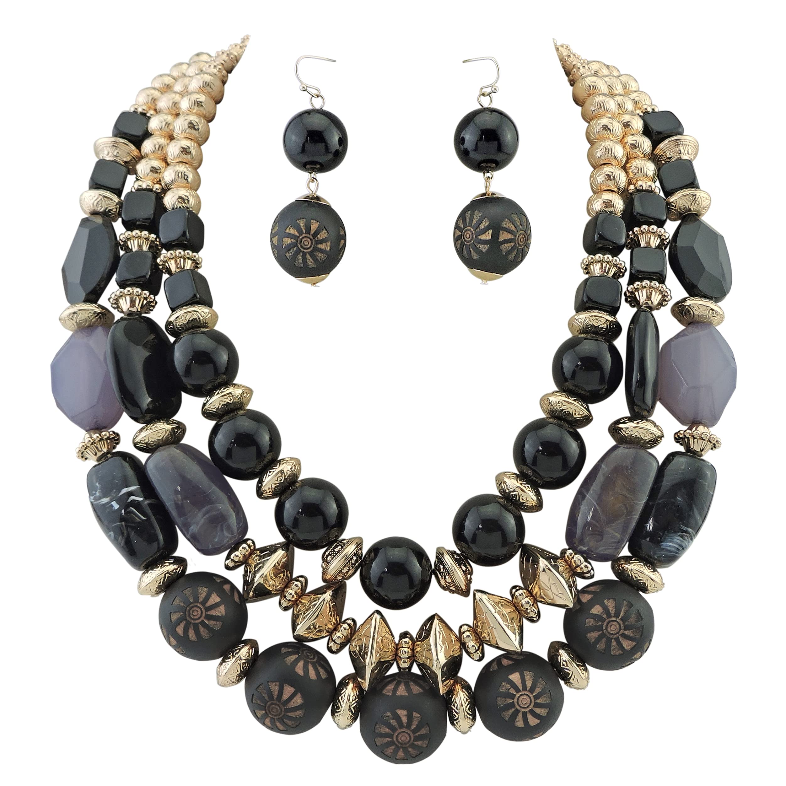 BOCARJEWELRY 3 Layer Chunky Beaded Necklace & Earrings Set – Statement Collar, Rose Gold, No Gemstone - View #11