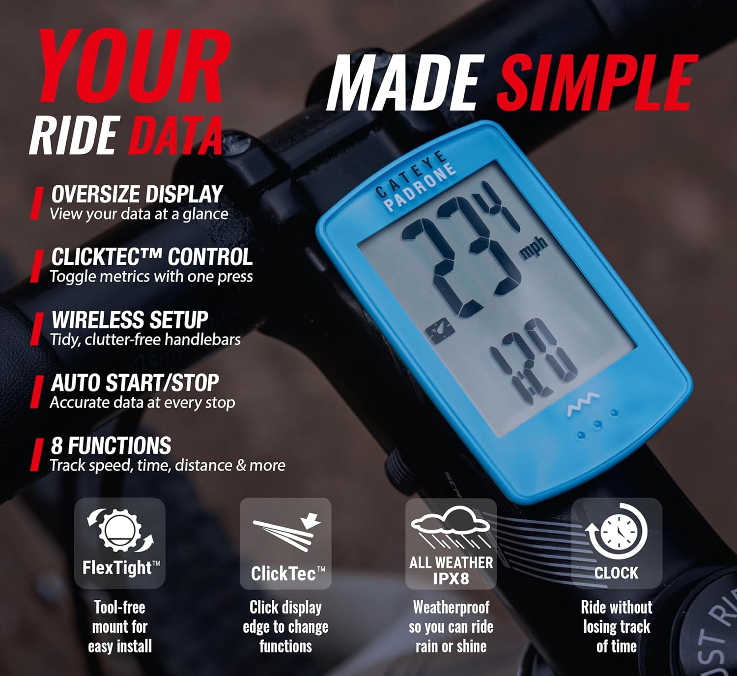 CATEYE Padrone Wireless Bike Computer – Oversized Display Cyclocomputer, Wireless Speedometer & Odometer, FlexTight™ Mount, Auto Start/Stop, Programmable Odometer