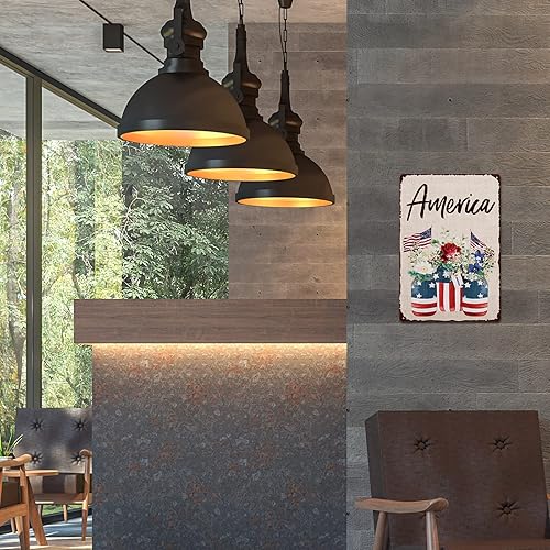 Miniatura 7 de Whaline Letrero patriótico de hojalata con la bandera estadounidense, letrero de metal impreso para decoración de pared del 4 de julio, letrero