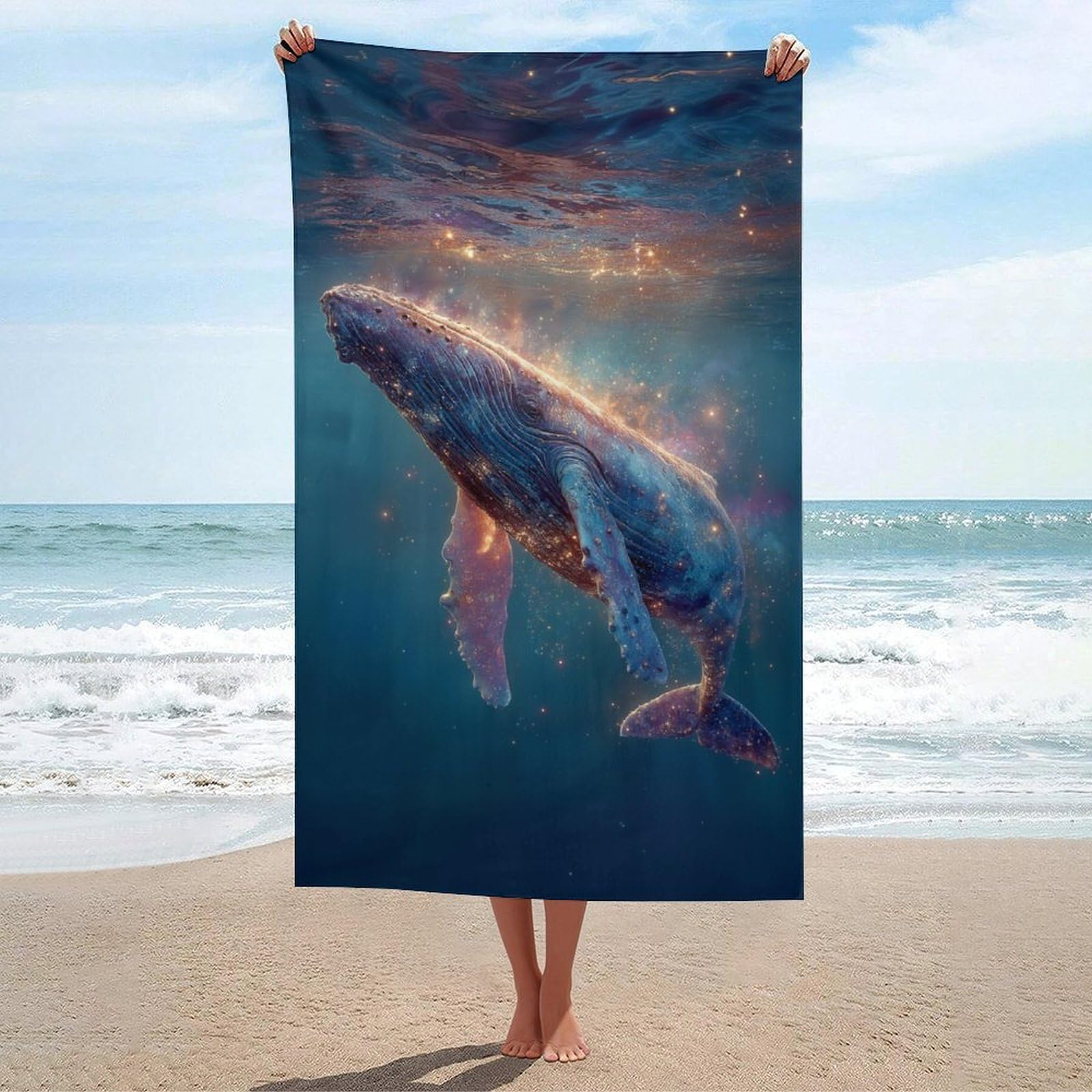 Serviette de plage anti-sable et séchage rapide motif baleine galaxie 130x80 cm