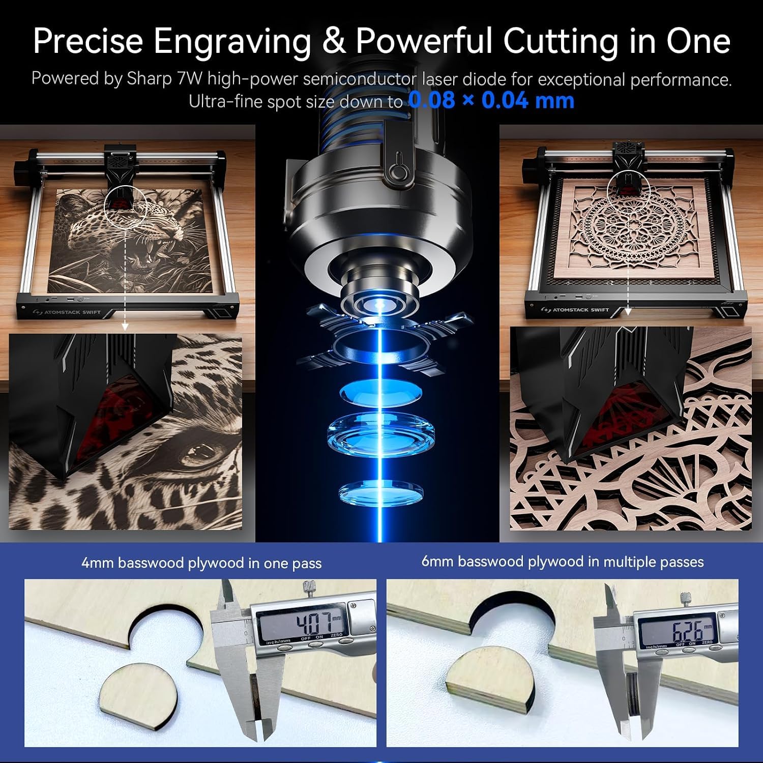 ATOMSTACK Swift 7W Laser Graviermaschine mit R8 Rotary Roller | 0,01 mm Hochpräzise Laser Cutter, Anfänger Lasergravierer für Holz Acryl Leder, Präzise Gravur von Zylindern