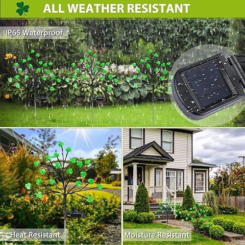 Miniatura 5 de ReyeeInc Luces solares de trébol, luces solares impermeables para exteriores, con 40 hojas verdes y 2 modos para patio, jardín, maceta, patio,