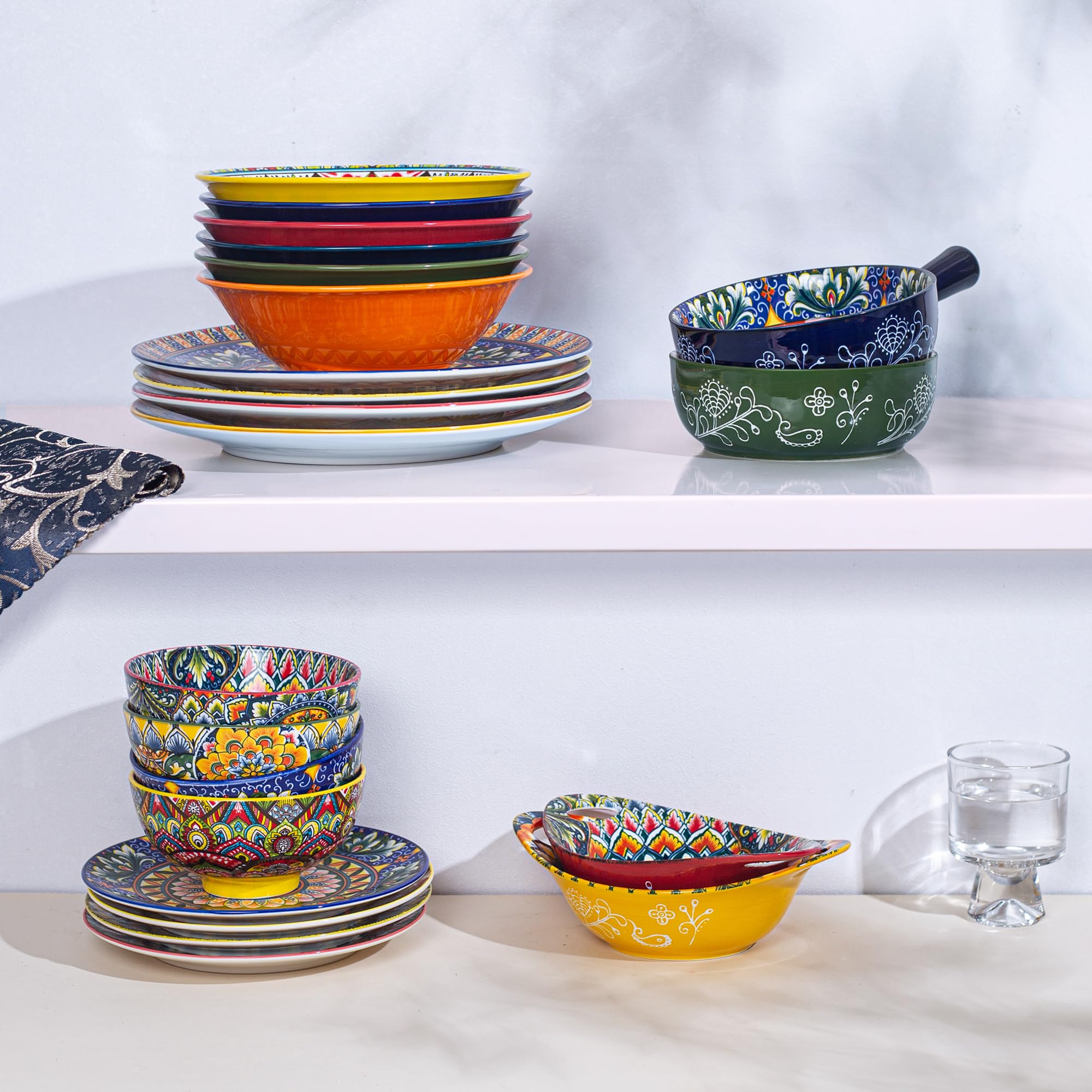 Henten Home Ciotole per Zuppa, Piatti Fondi Colorati in Ceramica - 900ml - Set di 6, Ciotole per Zuppa/Grandi Insalatiere Adatti al Forno a Microonde e Lavastoviglie - Stile Boho