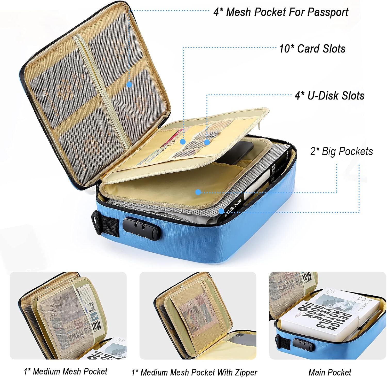 Fireproof Document Bag Box Document Organizer with Lock Fourfold Fireproof Fabric Waterproof Safe Box Holder Multi-Layer Portable Blue : Tools & Home Improvement